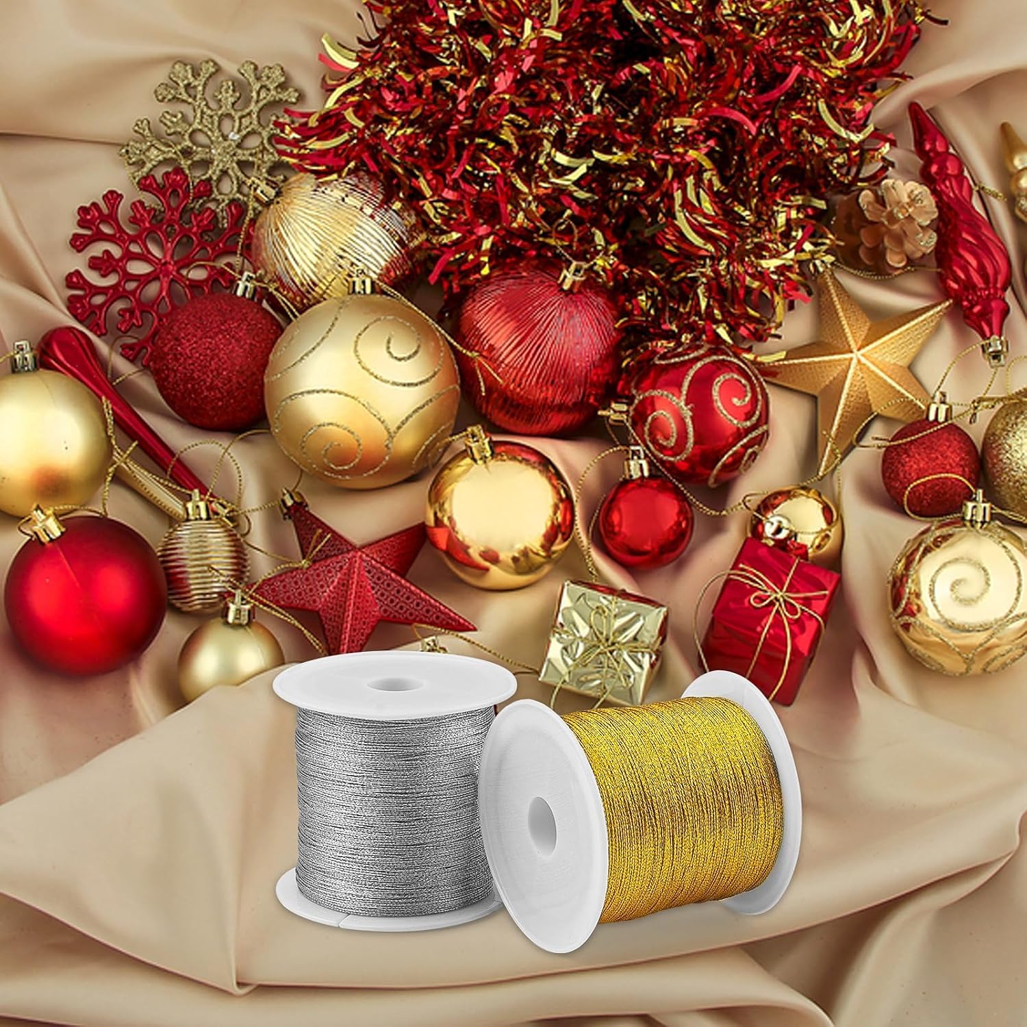 110 Yards Gold Ornaments String, 2 Spool 0.2mm Sliver & Gold Strings for Ornament String for Craft Jewelry Making, Jewelry Thread Metallic Cold for Ornament Hanging Decoration