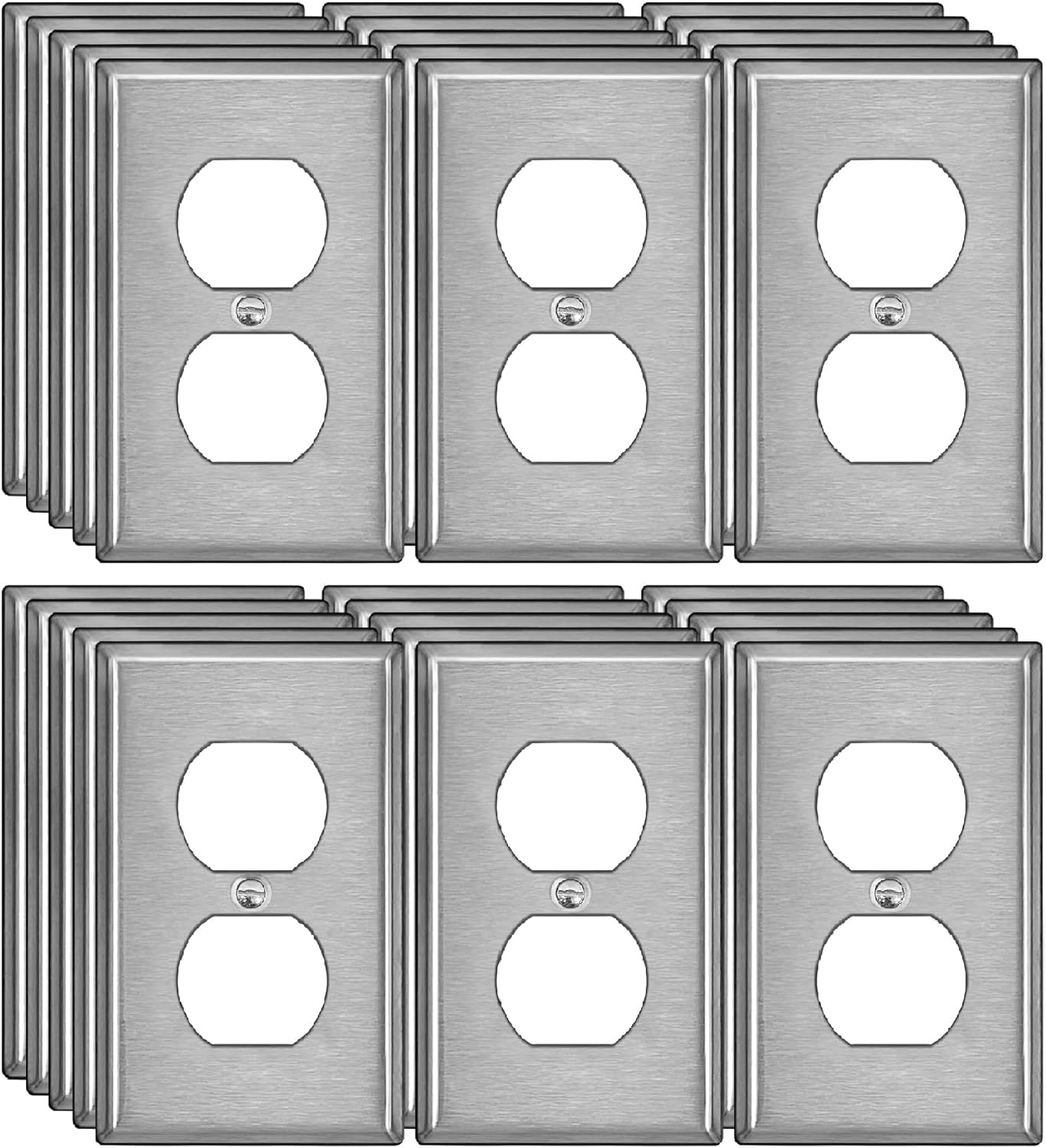 BESTTEN 30 Pack 1-Gang Duplex Receptacle Metal Wall Plate with Protective Film, Brushed Finish, Corrosion-Resistant Stainless Steel Outlet Cover, Standard Size, Silver
