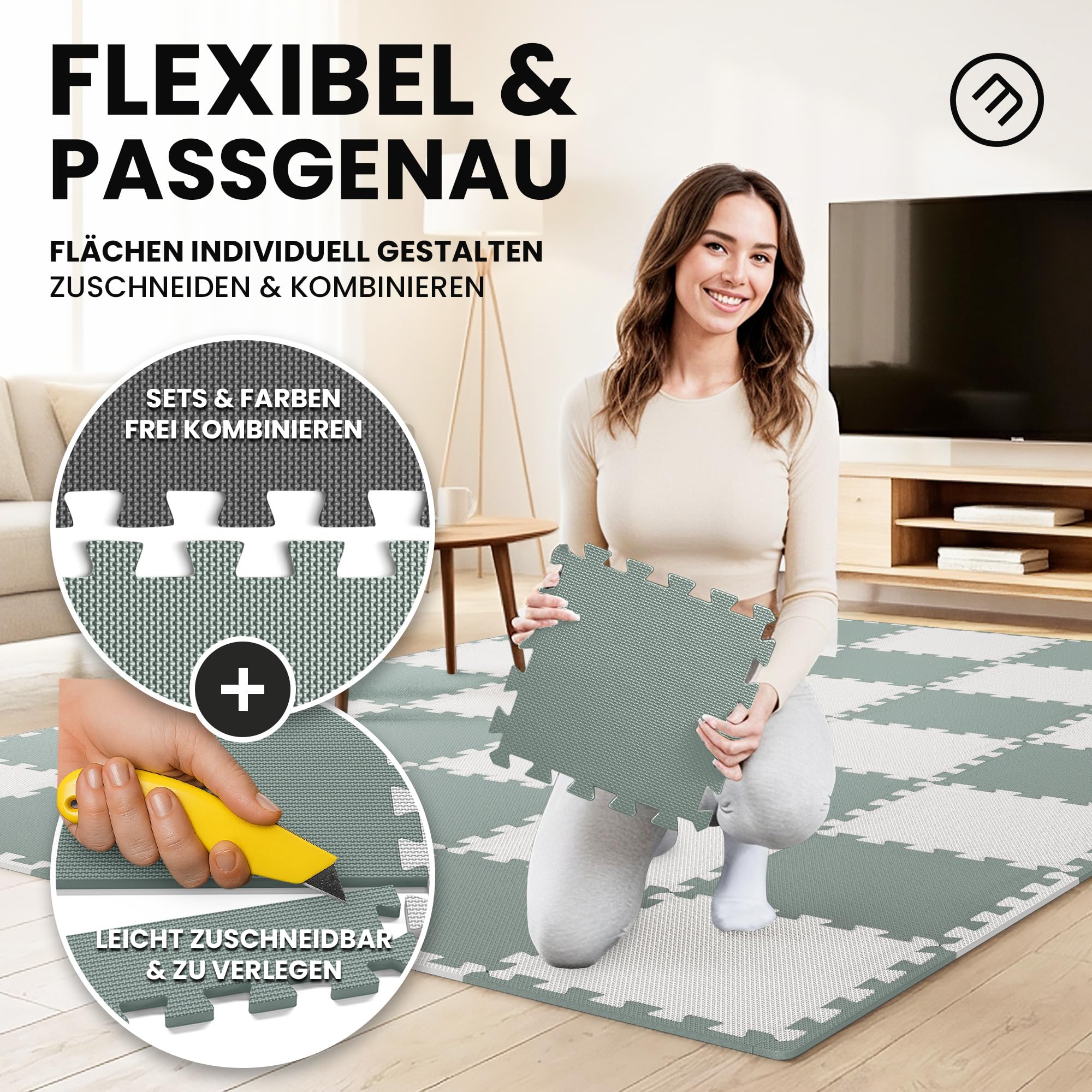 bemaxx Bodenschutzmatte Spielmatte Turnmatte Fallschutzmatte Schaumstoffmatte Yogamatte Gymnastikmatte Sportmatte Fitnessmatte Trainingsmatte Poolmatte Bodenmatte - 54 Puzzlematten, Sage Grey Duo
