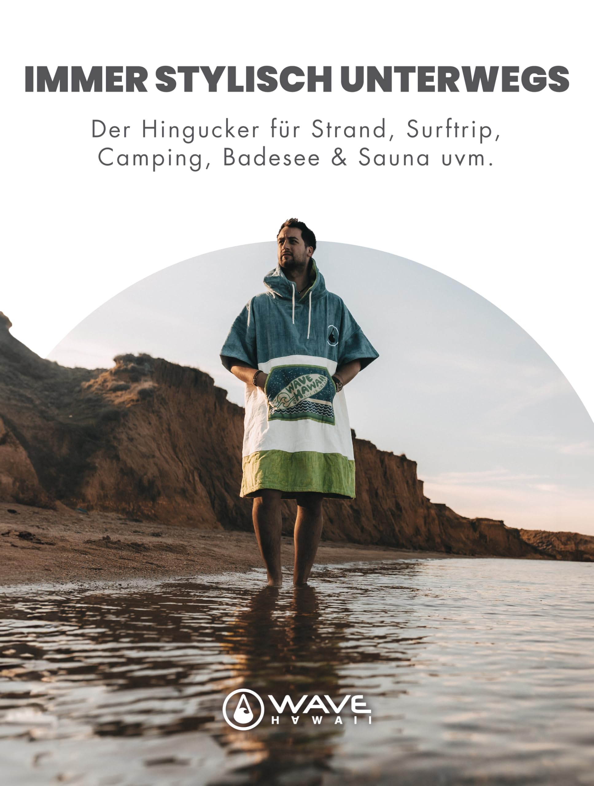 WAVE HAWAII Surfponcho L für Körpergrößen 171-193 cm Poncho 100% ÖKO Baumwolle Velours Umkleidehilfe für Schwimmen Strand Surfen Surf Poncho Badeponcho Duschponcho für Herren und Damen