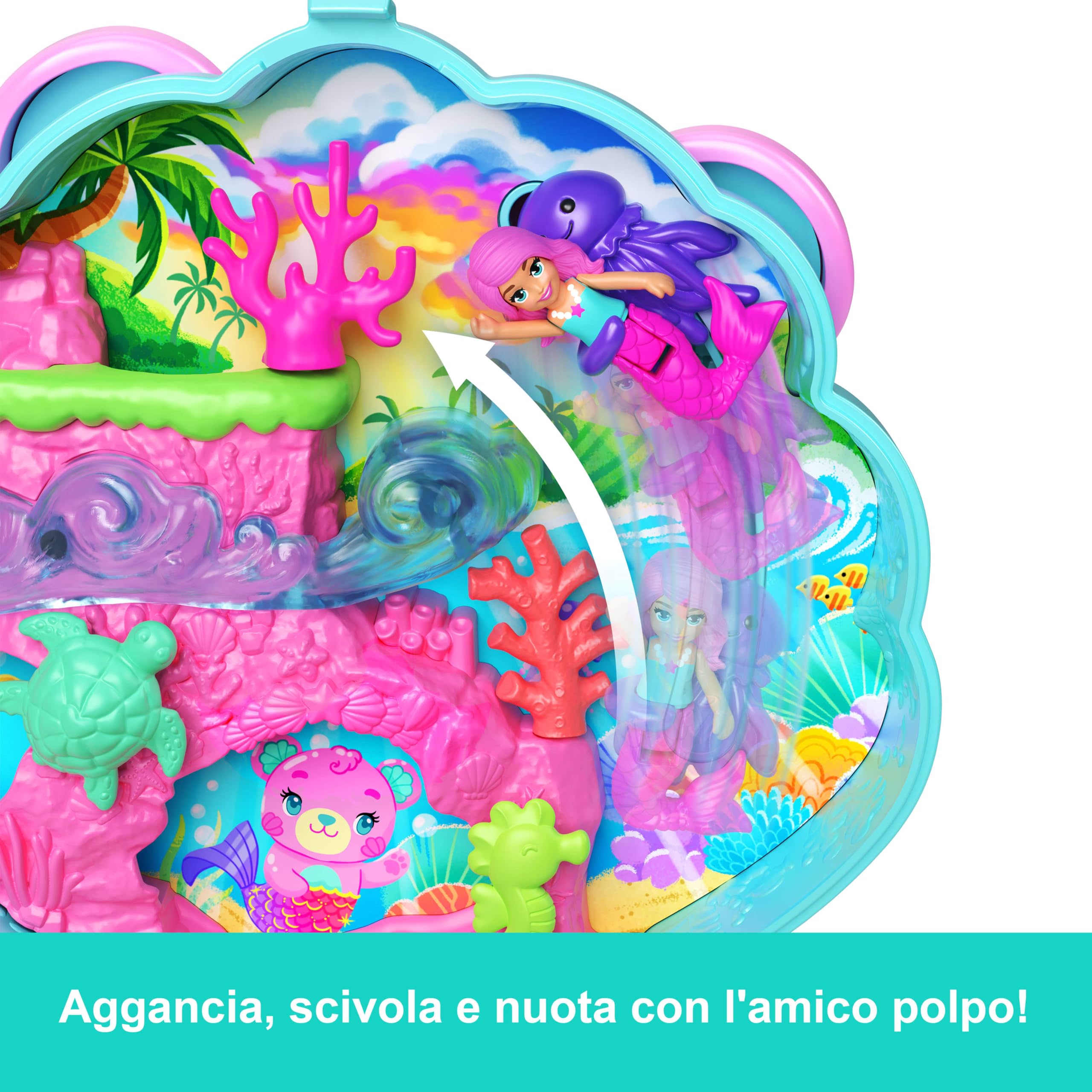 Polly Pocket - Cofanetto Magici Glitter, set portatile a forma di conchiglia con una microbambola sirena, cuccioli marini e 11 accessori a tema inclusi, giocattolo per bambini, 4+ anni, JCB16
