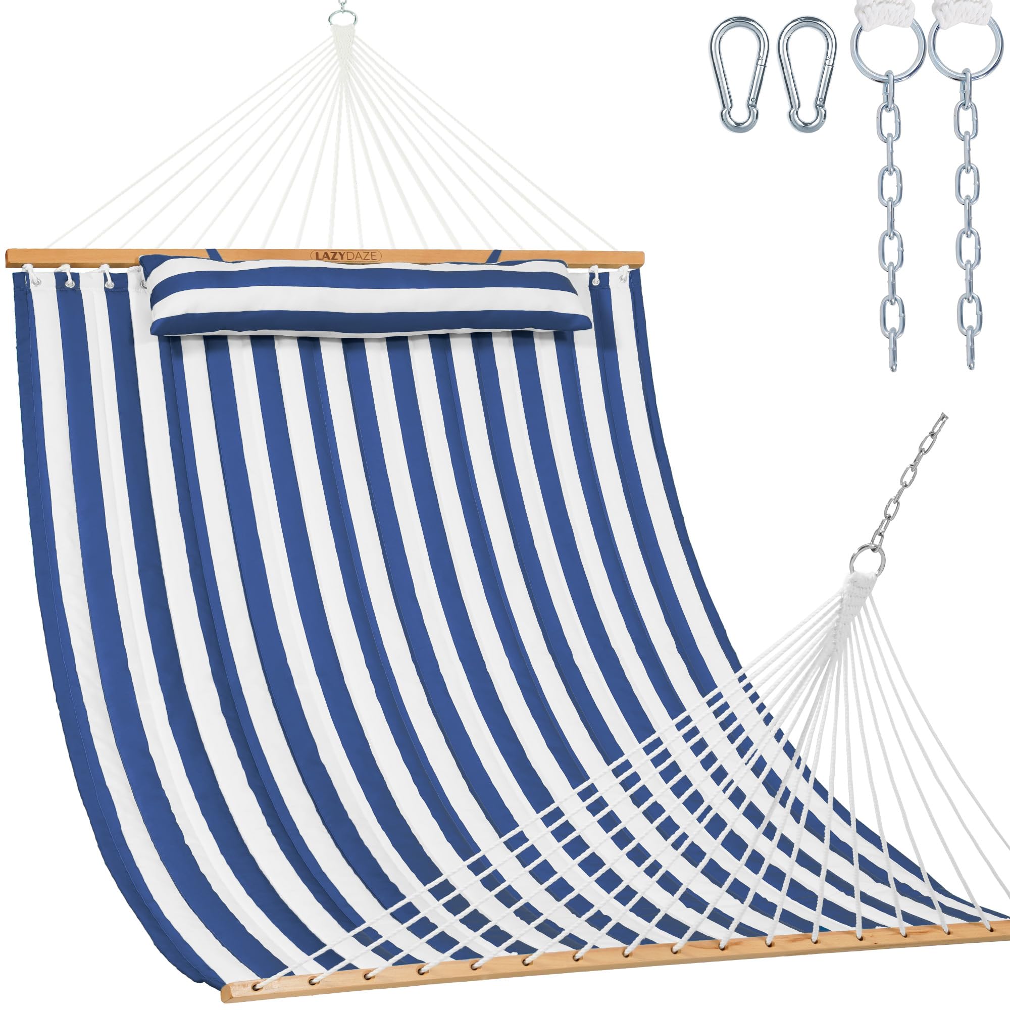 Lazy Daze Double Quilted Hammock with Pillow and Carabiners, Blue White