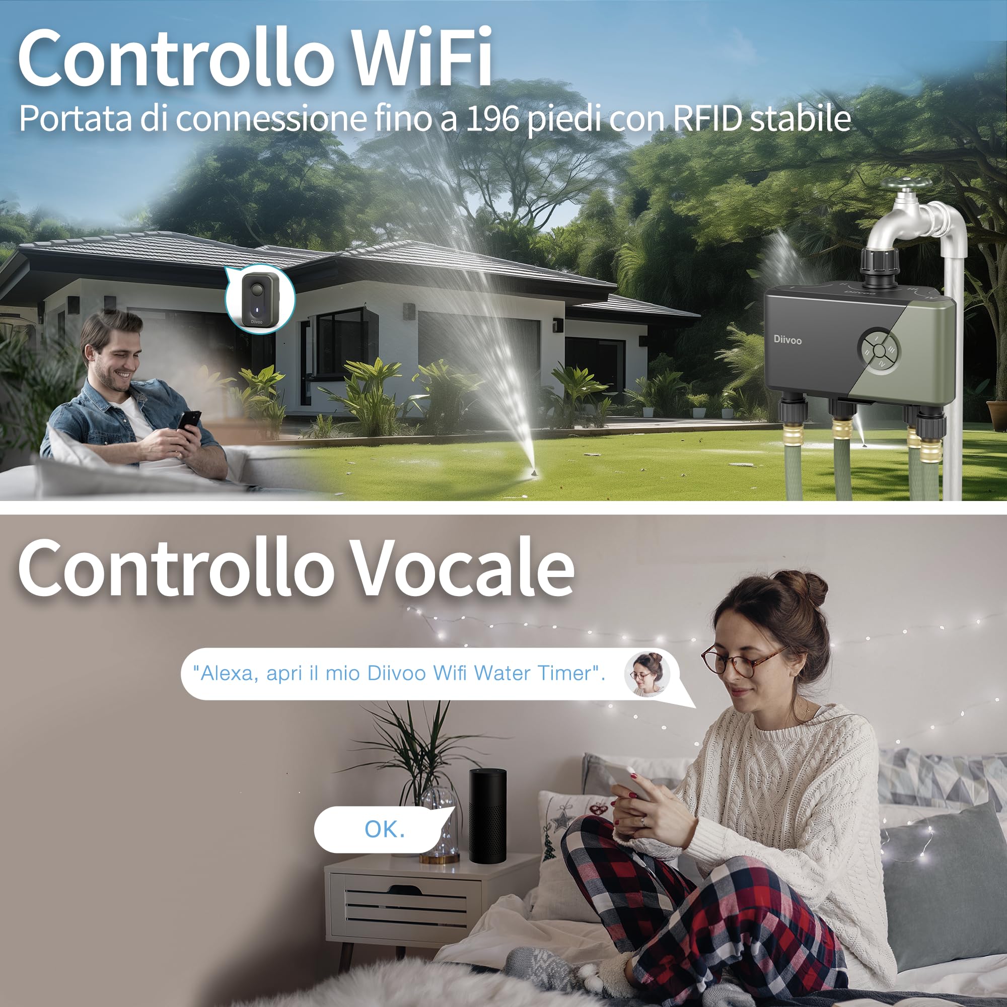 Diivoo Centralina Irrigazione WiFi 4 Vie, Timer Irrigazione Automatica con 24 Programmi & 2 Modalità & Ritardo Pioggia, Temporizzatore Irrigazione 4 Uscite Compatibile con Alexa & App per Giardino