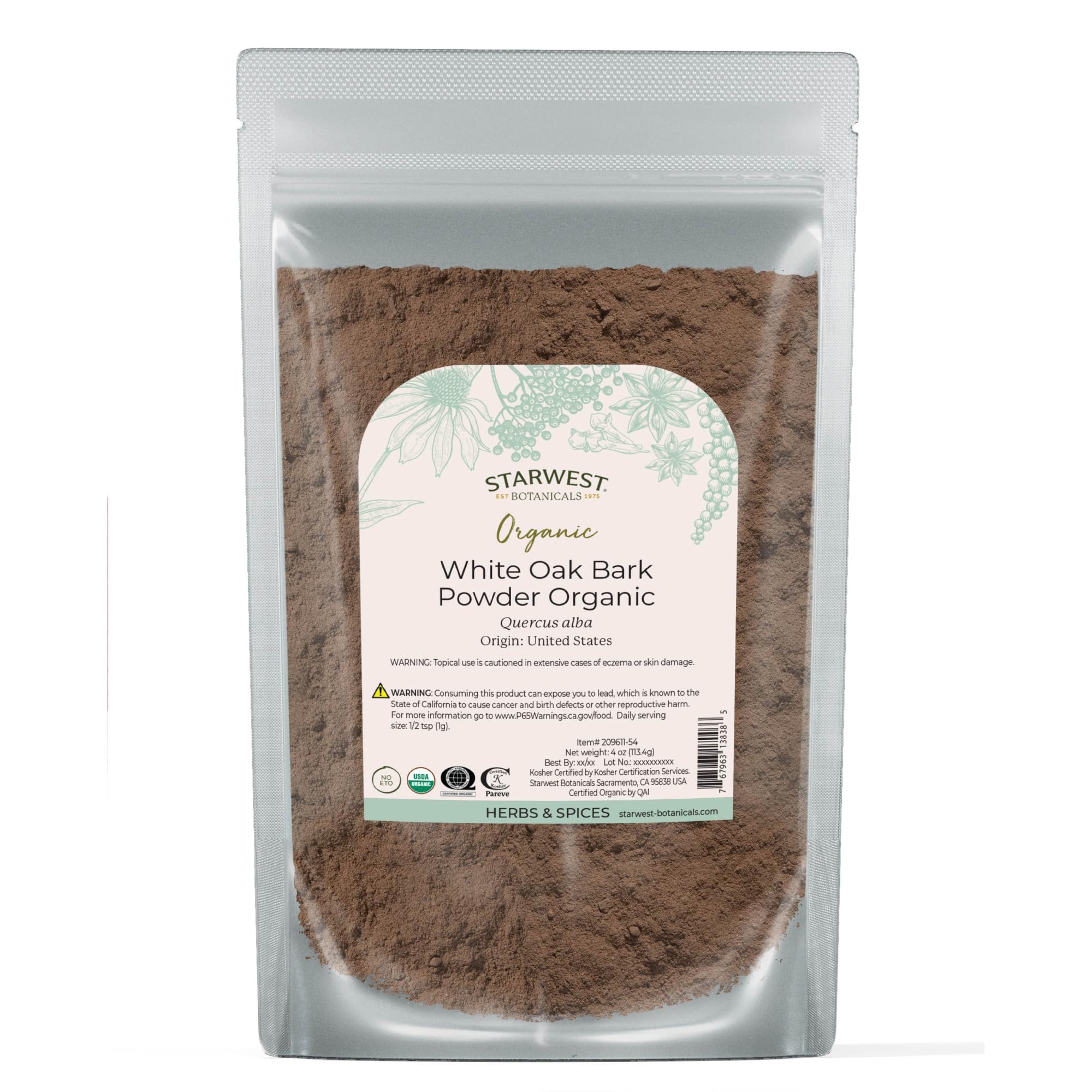 Starwest Botanicals White Oak Bark Powder Organic, Non-GMO - 4 oz Pouch