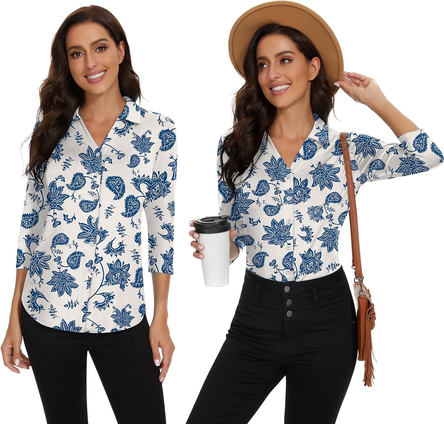 Soneven Womens Golf Polo Shirts 3/4 Long Sleeve V Neck Button Down Shirts Business Causal Work Blouses Tops - Image 2