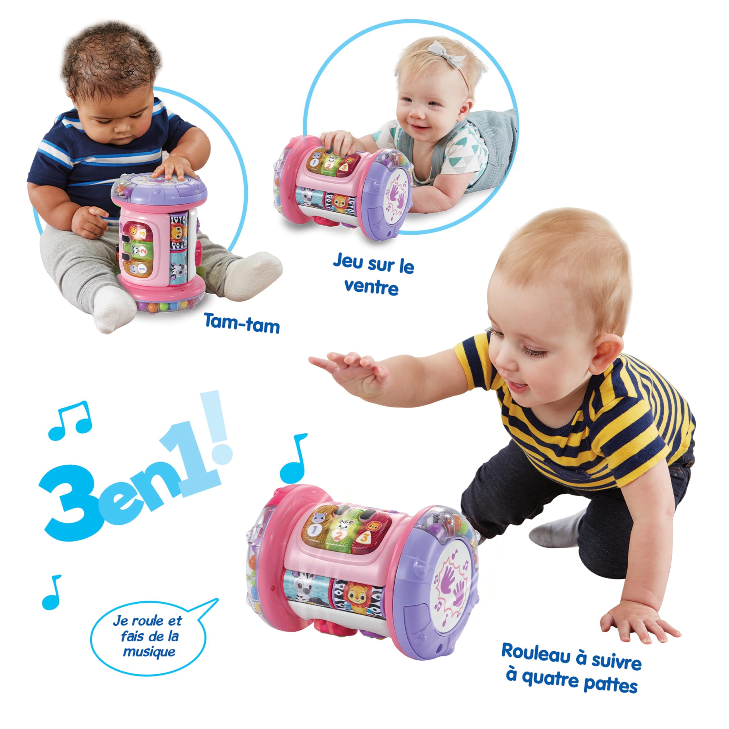 VTech - Magi Rouleau Tam-Tam 3 en 1 Rose - Jouet Musical Évolutif - Tambour Enfant Qui Roule, Motricité Bébé - Jouet d'Activité et de Développement - Cadeau Bébé Dès 9 Mois - Contenu en Français