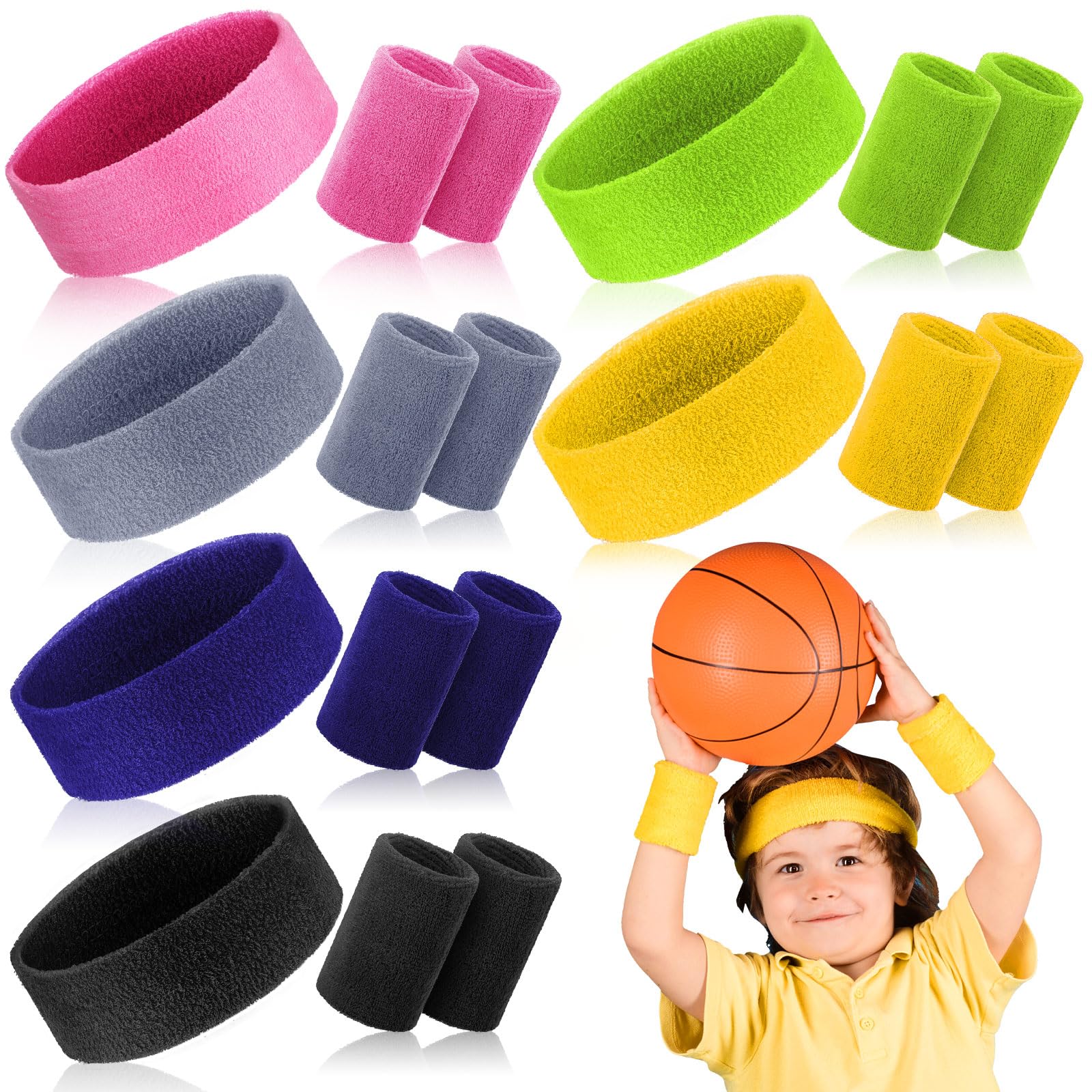 Hungdao Schweißband-Set für Kinder, bunt, athletisches Schweißband, Tennisarmband, schweißabsorbierendes Stirnband für Mädchen, Jungen, Damen, Herren, Sport, Basketball, Workout (trendige Farben)