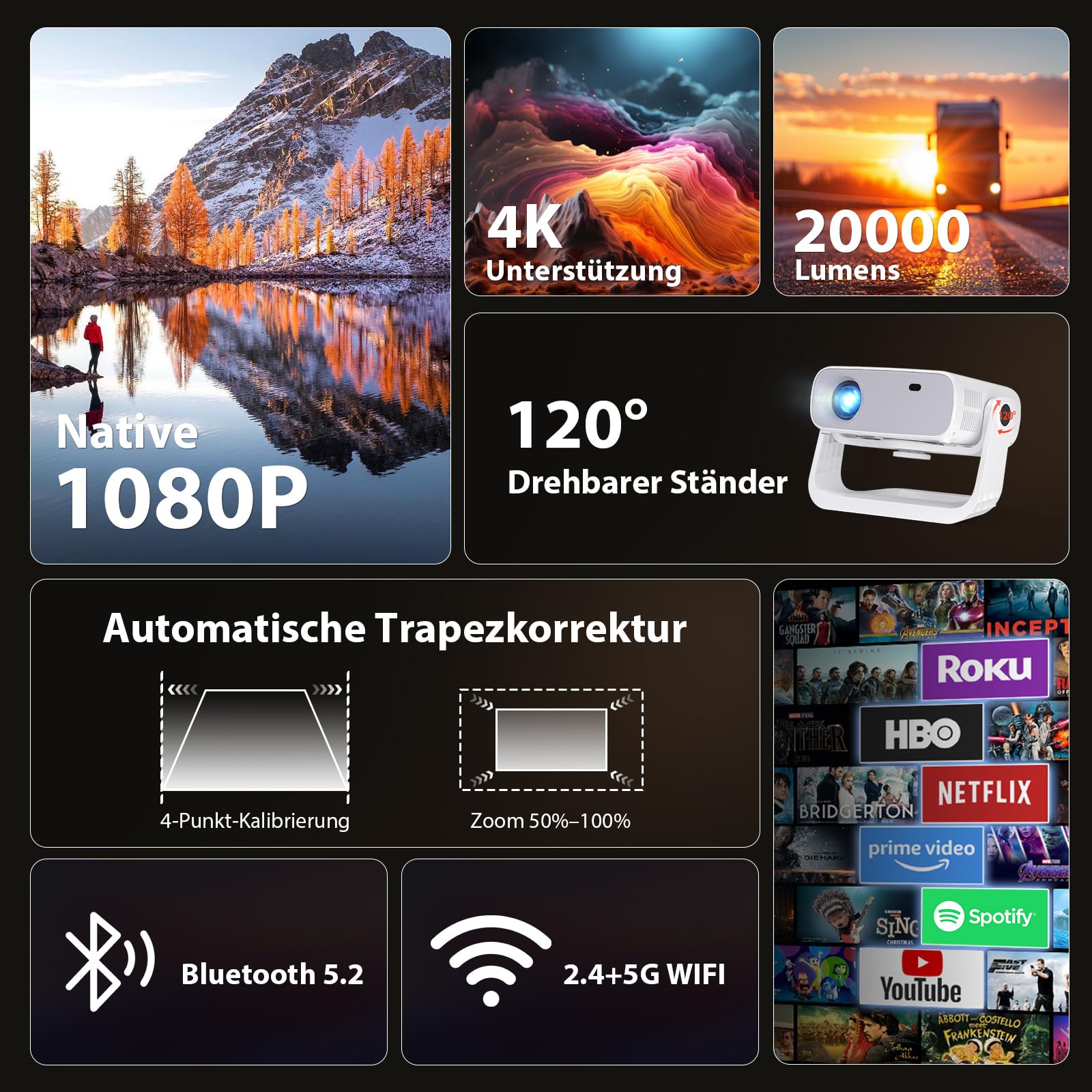 Wielio 2025 Neuer Smart Beamer,Integrierte Apps,Android 11,Native 1080P mit 4K Unterstützung,Trapezkorrektur,WiFi 6&Bluetooth 5.2,20000 Lumens,Heimkino Beamer Kompatibel mit iOS/Android/PS5