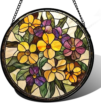 Stained Glass Window Hanging - Colorful Flowers Suncatcher for Door Garden Home Decor Wildflowers Sun Catcher Christmas Birthday for Lovers Women Friend Mom Nana 6.3 in