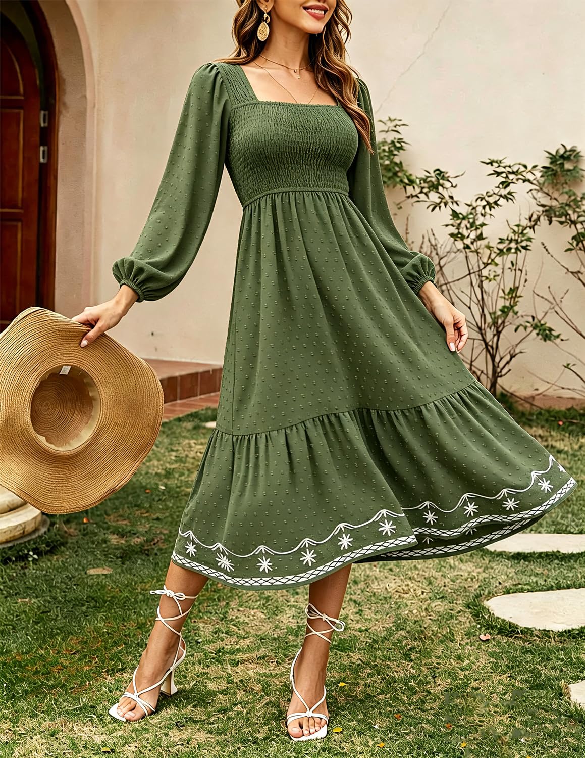 Damen Midikleid Langarm Quadratausschnitt Boho Kleid mit Stickerei Smocked Taille luftiges Freizeitkleid für Alltag Urlaub Party