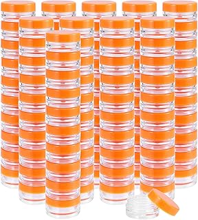JOIKIT 200 Pack 3 Gram Jars with Orange Lid, 3ML Empty Clear Plastic Makeup Sample Containers, Cosmetic Sample Jar for Lotion, Cream, Eye Shadow, Lip Balms