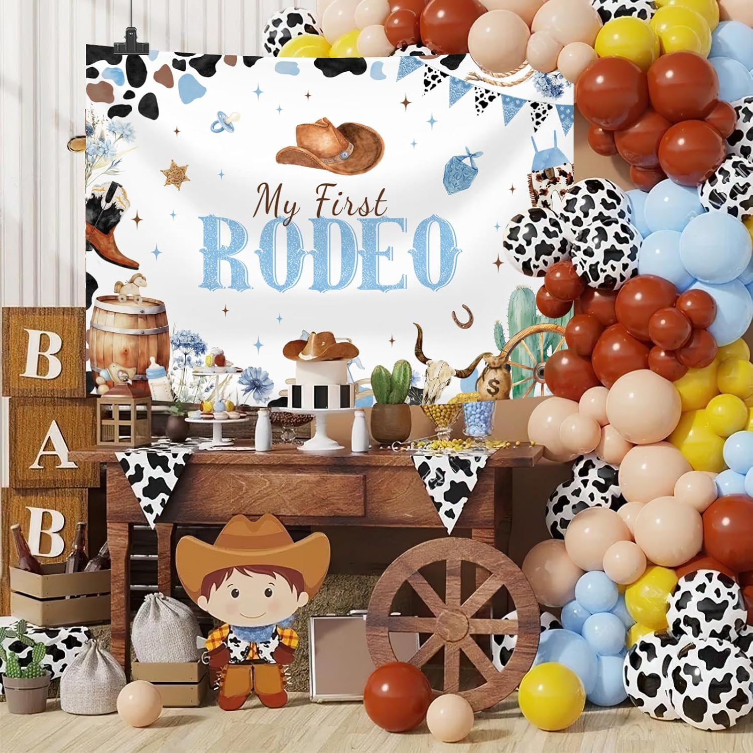 10x7ft Blue My First Rodeo Birthday Backdrop for Boy Western Cowboy 1st Birthday Decorations Retro Rodeo Party Banner Wild West Baby Shower Party Supplies