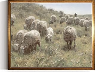 InSimSea Golden Framed Vintage Canvas Wall Art Sheep on the Dunes Decor, Rural Sheep Grazing Field Wall Pictures Farmhouse Grazing On Hill Landscape Vintage Art Bathroom Bedroom Office Decor