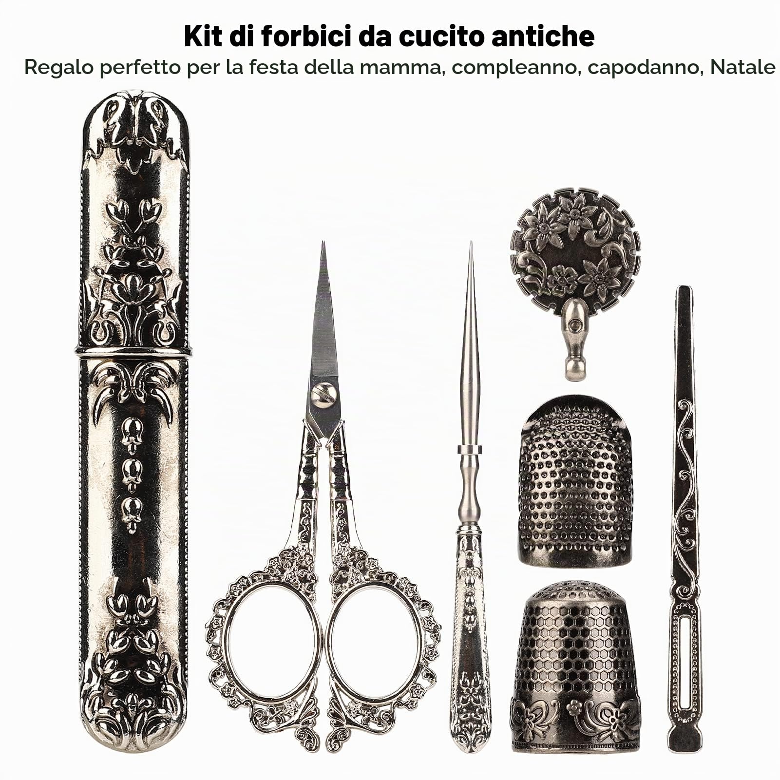 Set di Forbici da Ricamo Vintage, Kit di Forbici per Scatola da Cucito in Acciaio Inossidabile Stile Europeo, Strumenti di Ricamo per Cucire Multifunzionali Includono Artigianato, Opere(D'argento)