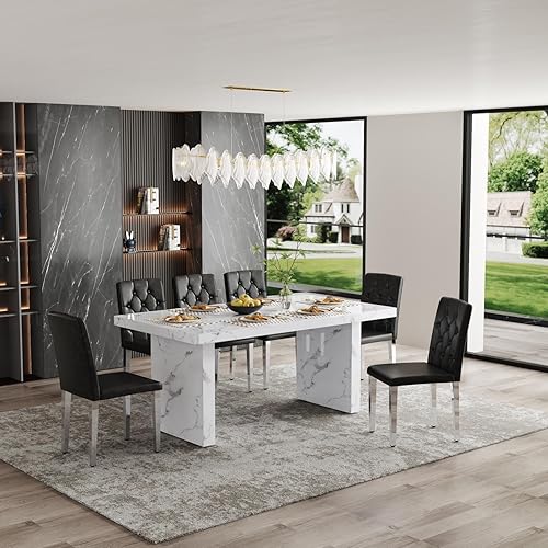 Miniatura 29 de Juego de mesa de comedor moderno para 6, juego de mesa de comedor blanco de 63 pulgadas para 6, tablero de mesa de cocina MDF con patrón de mármol y