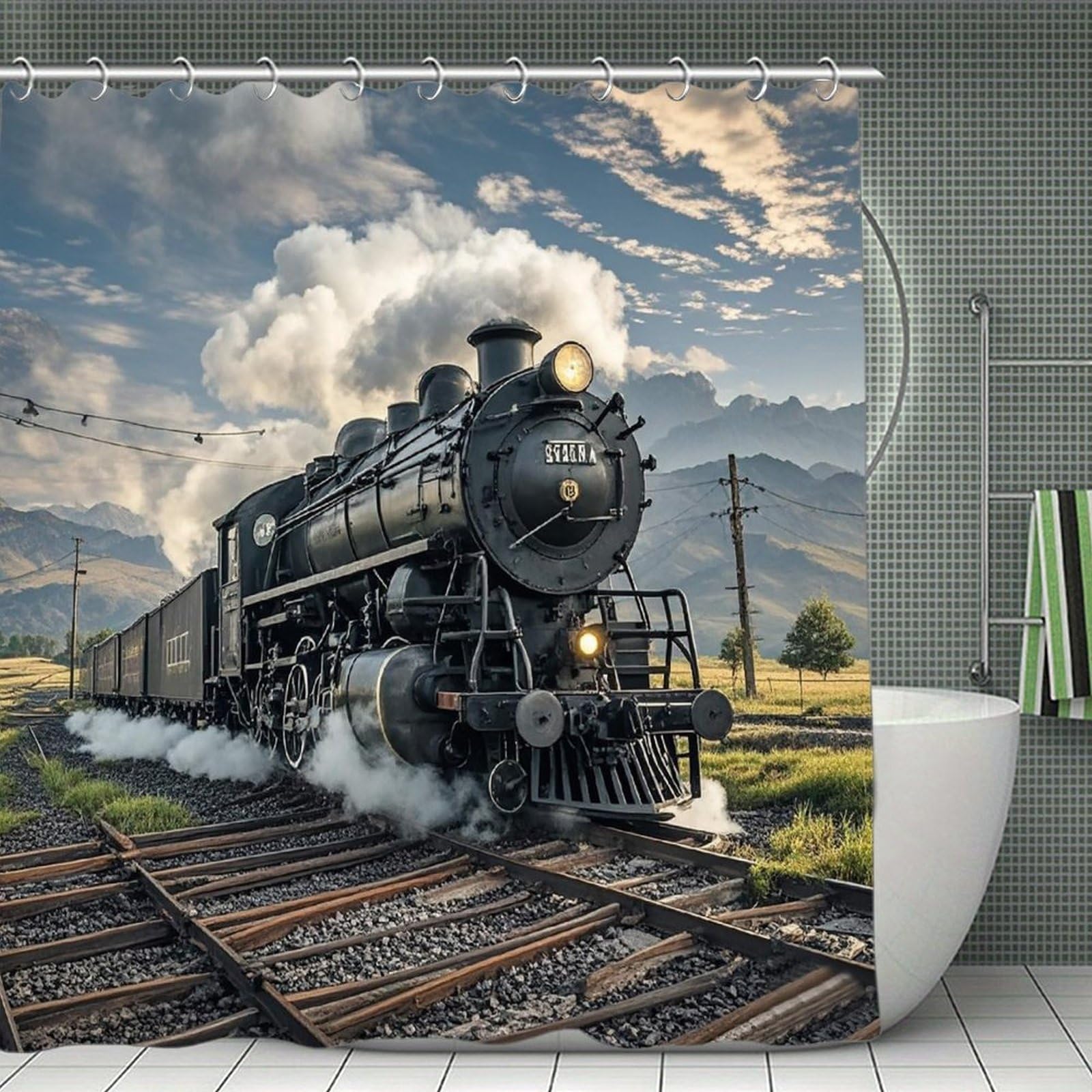 FekiLoot Steam Locomotive Train Shower Curtain with Hooks Modern Farmhouse Bathroom Curtain Waterproof Cloth Bath Curtains Cute Washable Blackout Privacy Curtains for Bathroom Bathtub 70.8"x70.8"