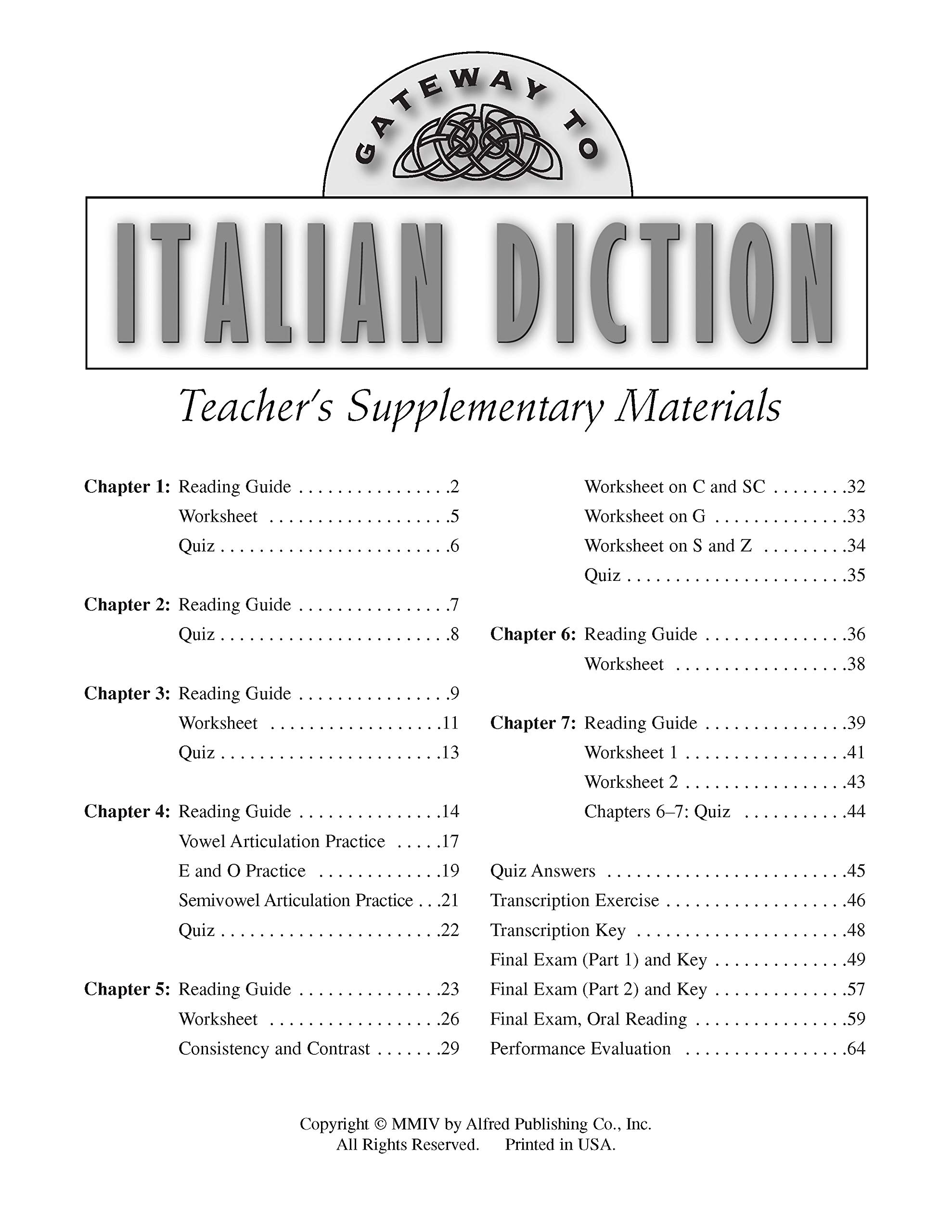 Gateway to Italian Diction: Teacher's Supplementary Materials
