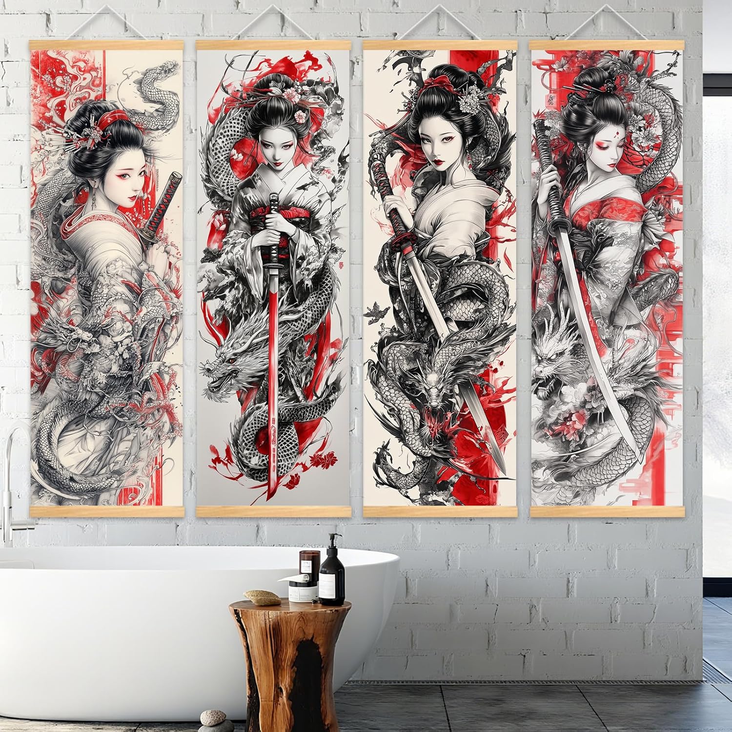 Pennimor 4-Piece Japanese Wall Art, 11.81x35.43in Dragon and Katana Geisha Canvas Prints, Red and Black Asian Wall Decor for Living Room Bedroom Office, Samurai Oriental Painting Frameless Set image 4