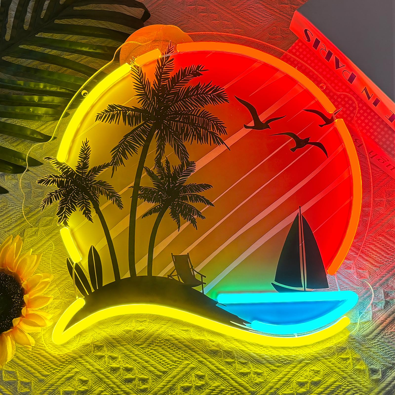 Tropical Beach Sunset LED Neon Sign, Palm Tree Sailboat Wall Light, Dimmable USB Powered Neon Light for Bedroom, Bar, Living Room, Party, Summer Home Decor