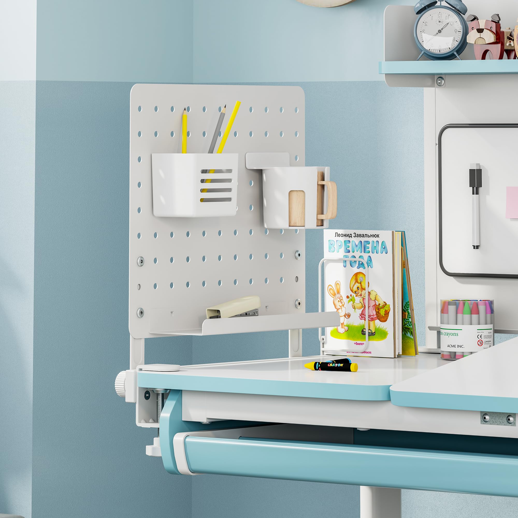[en.casa] Organizzatore da Scrivania con Morsetti Pannello Forato Organizer Pegboard con Ripiano Flessibile Supporto Libri Porta Bicchieri Penne 50x50 cm per Cameretta Studio Ufficio - Bianco