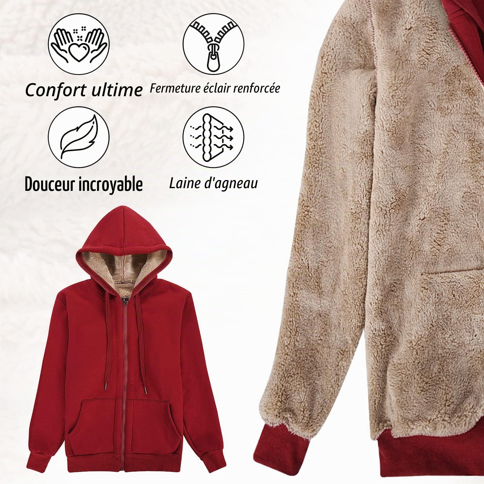 Voqeen Sweat-Shirt à Capuche Doublure Polaire Femme Sweat à Capuche Manteau en Peluche Veste Zippée à Capuche Chaud Zippé Sweat-Shirt Hiver Épais Hoodie Zip Up avec Poches
