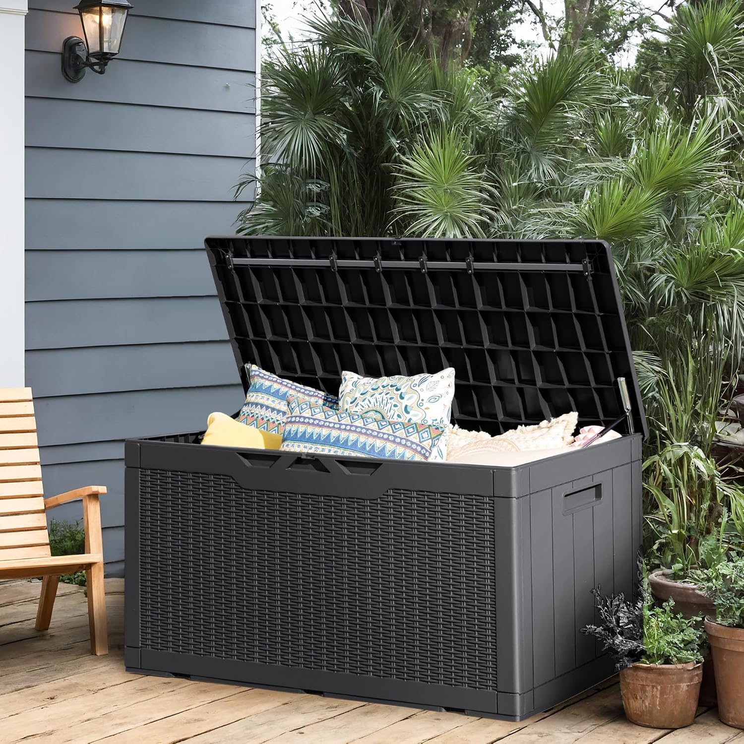 GUNJI 101 Gallon Resin Deck Box,Outdoor Large Storage Box,Weatherproof and UV Resistant,Lockable Storage Container for Patio Furniture,Garden Tools,Pool Supplies (Black)