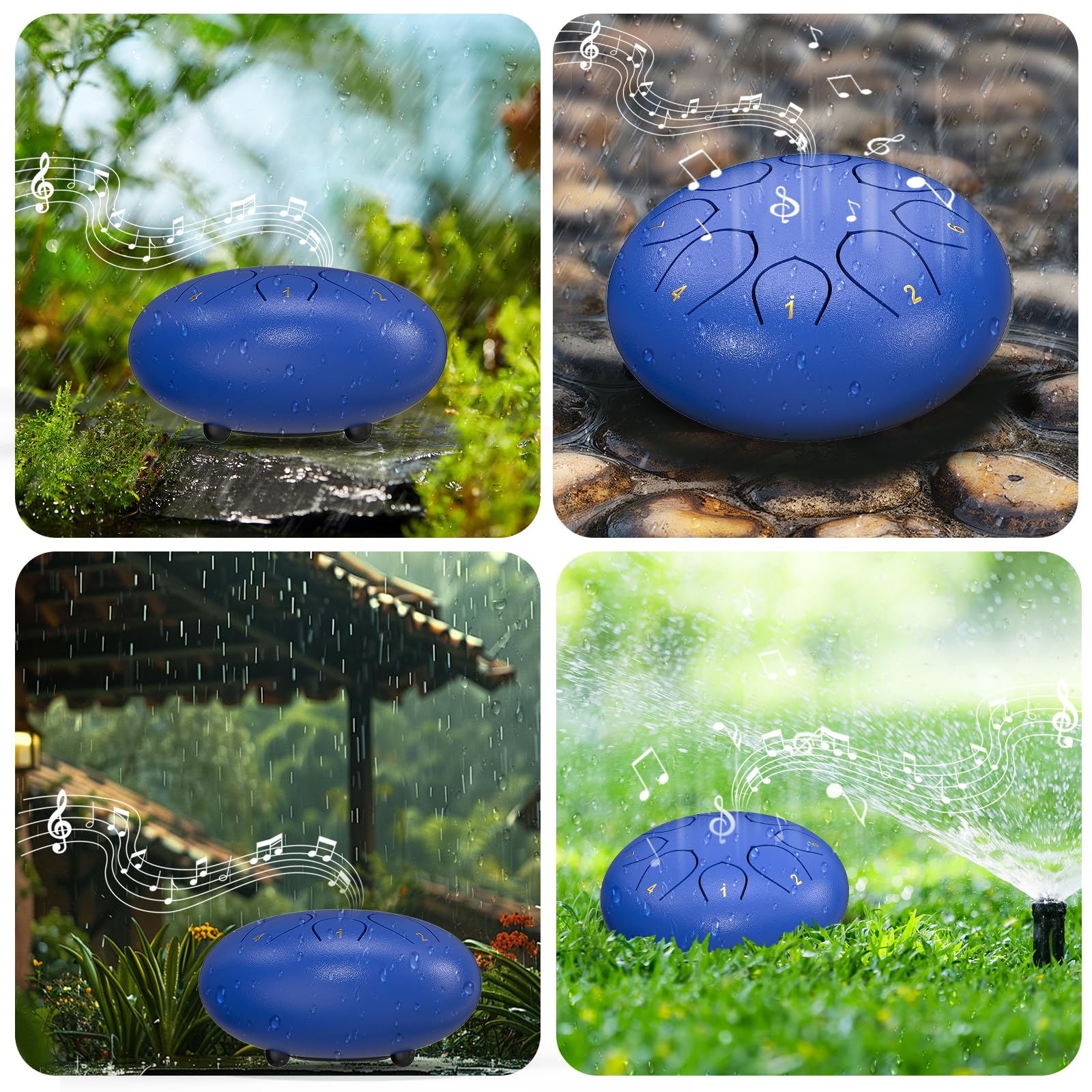 Rain Drum for Outside Garden, 6 Inches 8 Notes Steel Tongue Chakra Drums, Waterproof Meditation Echo Rain Chime, Musical Instruments for Adult Gift with Bag, Music Book (Dark Blue) 4