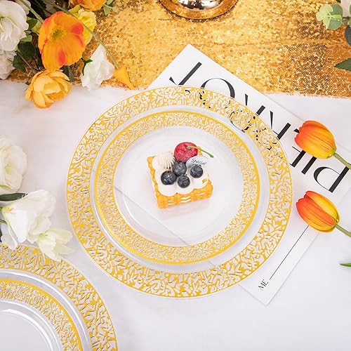 Miniatura 4 de I00000 96 platos de plástico dorados, platos transparentes y desechables, platos de plástico transparente con borde dorado, incluye 48 platos de