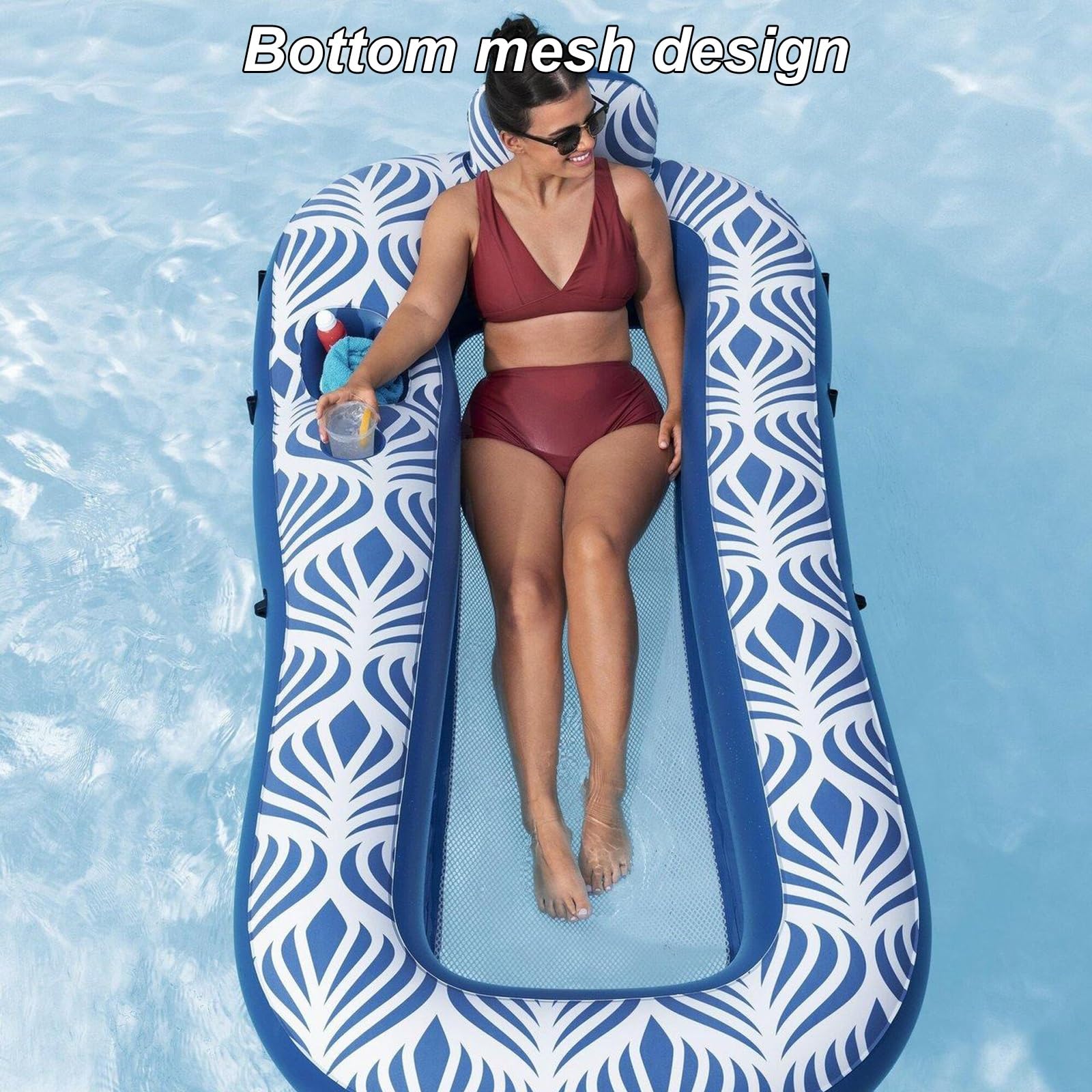 Matelas Gonflable Piscine, Bouee Piscine avec Auvent et Porte-gobelet, Conception Anti-Fuite au Fond, pour la Mer et la Rivière