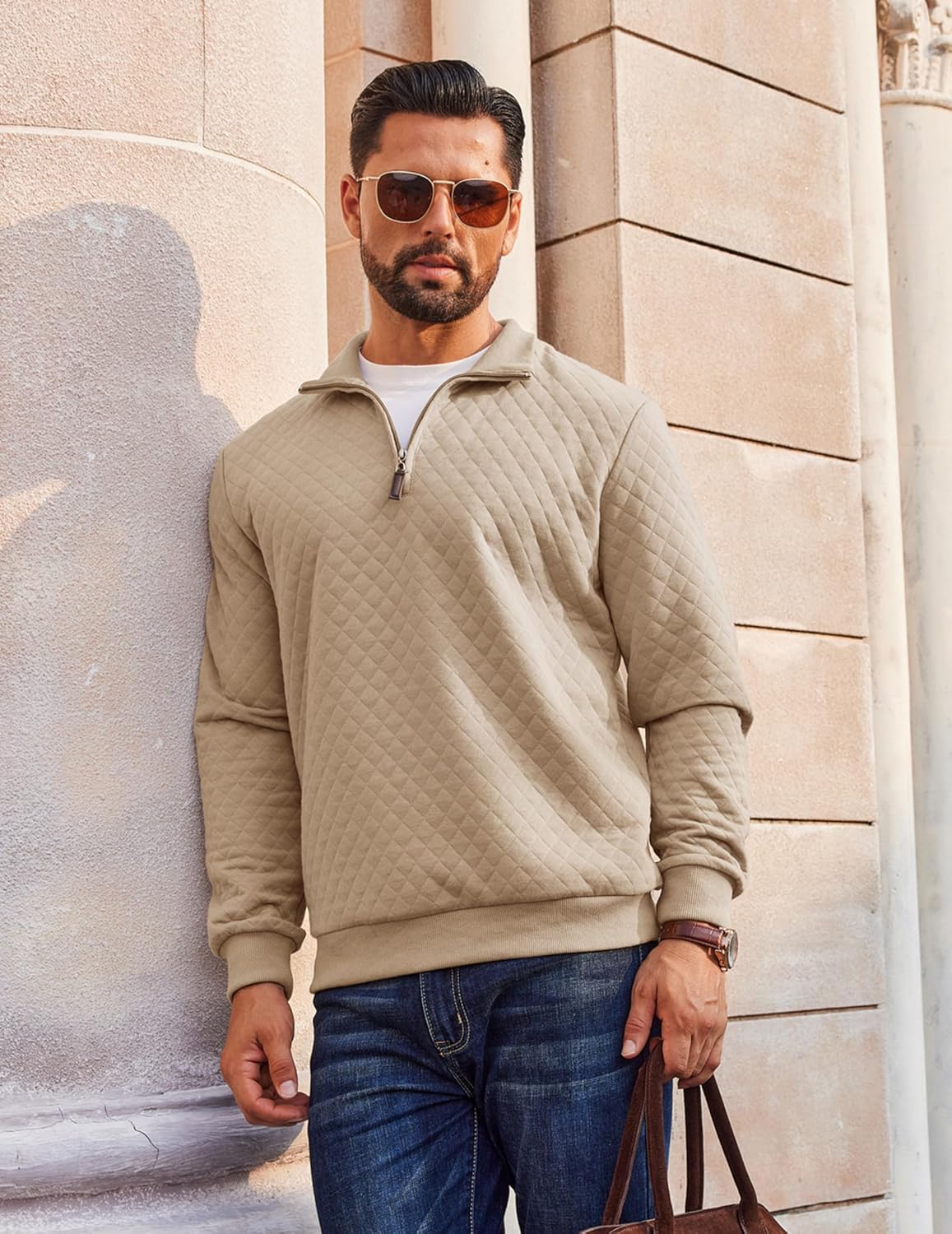 COOFANDY Men Quarter Zip Pullover Long Sleeve Quilted Sweatshirt Waffle Casual Collared Sweatshirts Mock Neck Winter Polo - Image 4