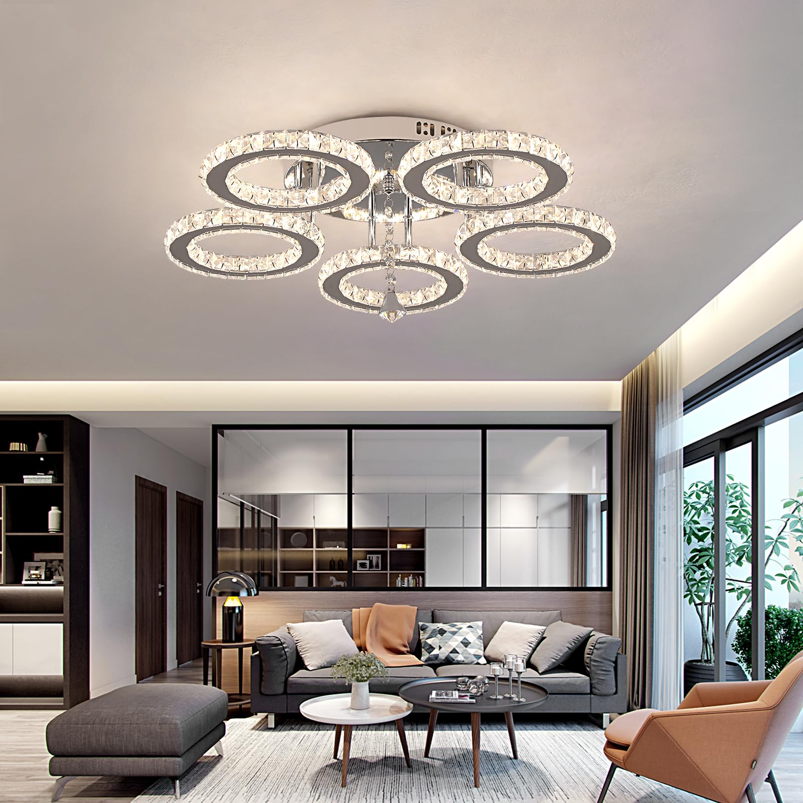 VETRULUS Moderne Kristall-LED-Deckenleuchte – Dimmbare halbflächenbündige Kristall-Lüster für Wohnzimmer – 5-Ring-Deckenleuchte für Schlafzimmer, Küche, LED-Kronleuchter
