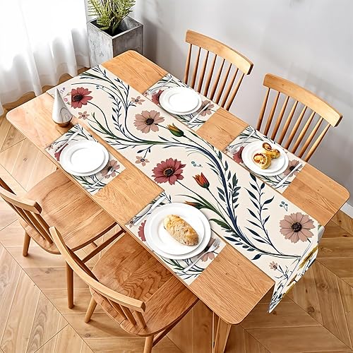 Miniatura 8 de Juego de camino de mesa y manteles individuales elegantes de 7 piezas, incluye 1 camino de mesa y 6 manteles individuales, diseño de flores