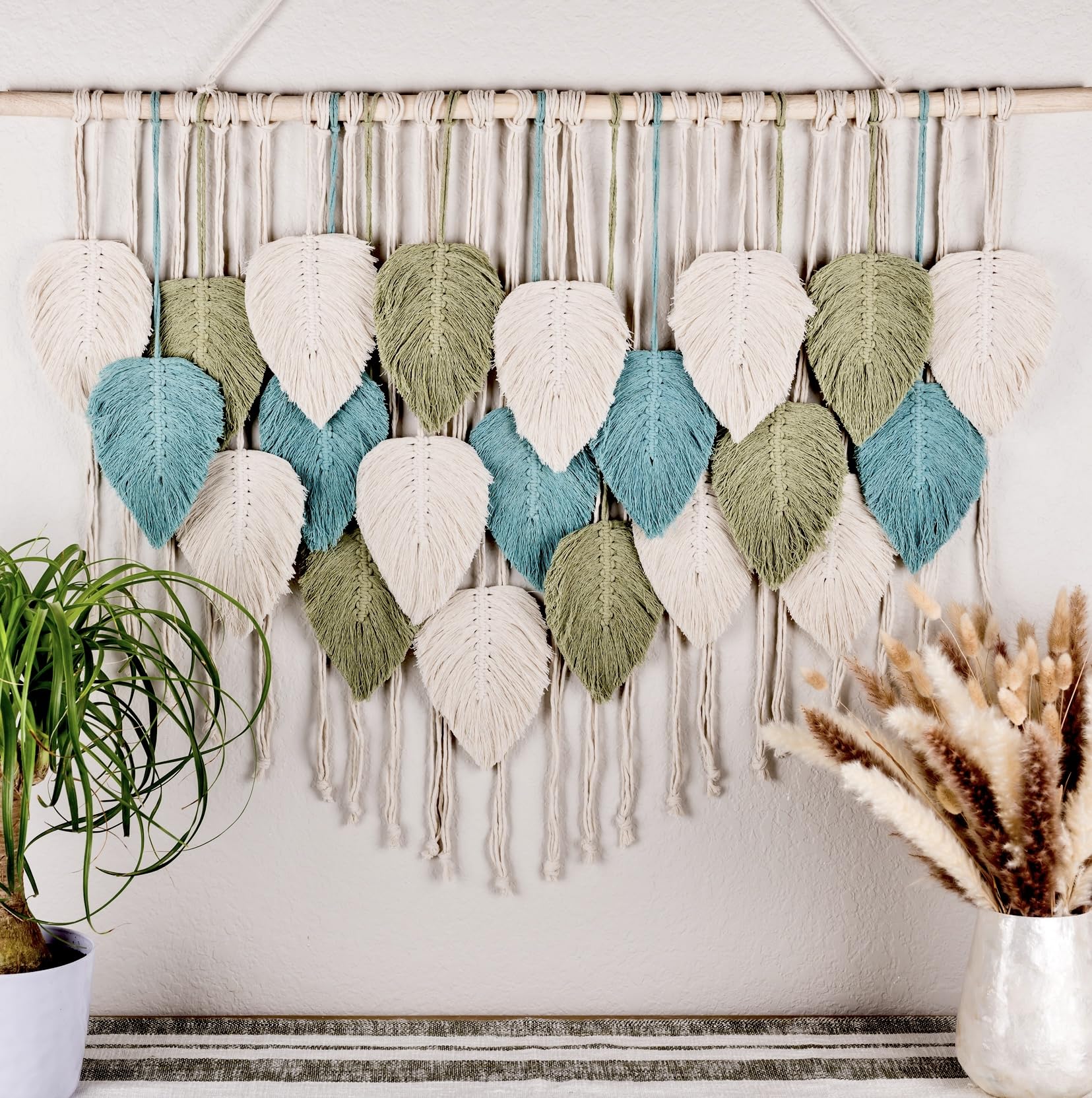 SnugLife Large Macrame Wall Hanging Leaves - Chic Bohemian Handmade Woven Tapestry Wall Hanging Leaf Wall Art, Feather Boho Wall Decor for Living Room Nursery Bedroom, 39"W X 31"L (Sage Green, Green, Beige)