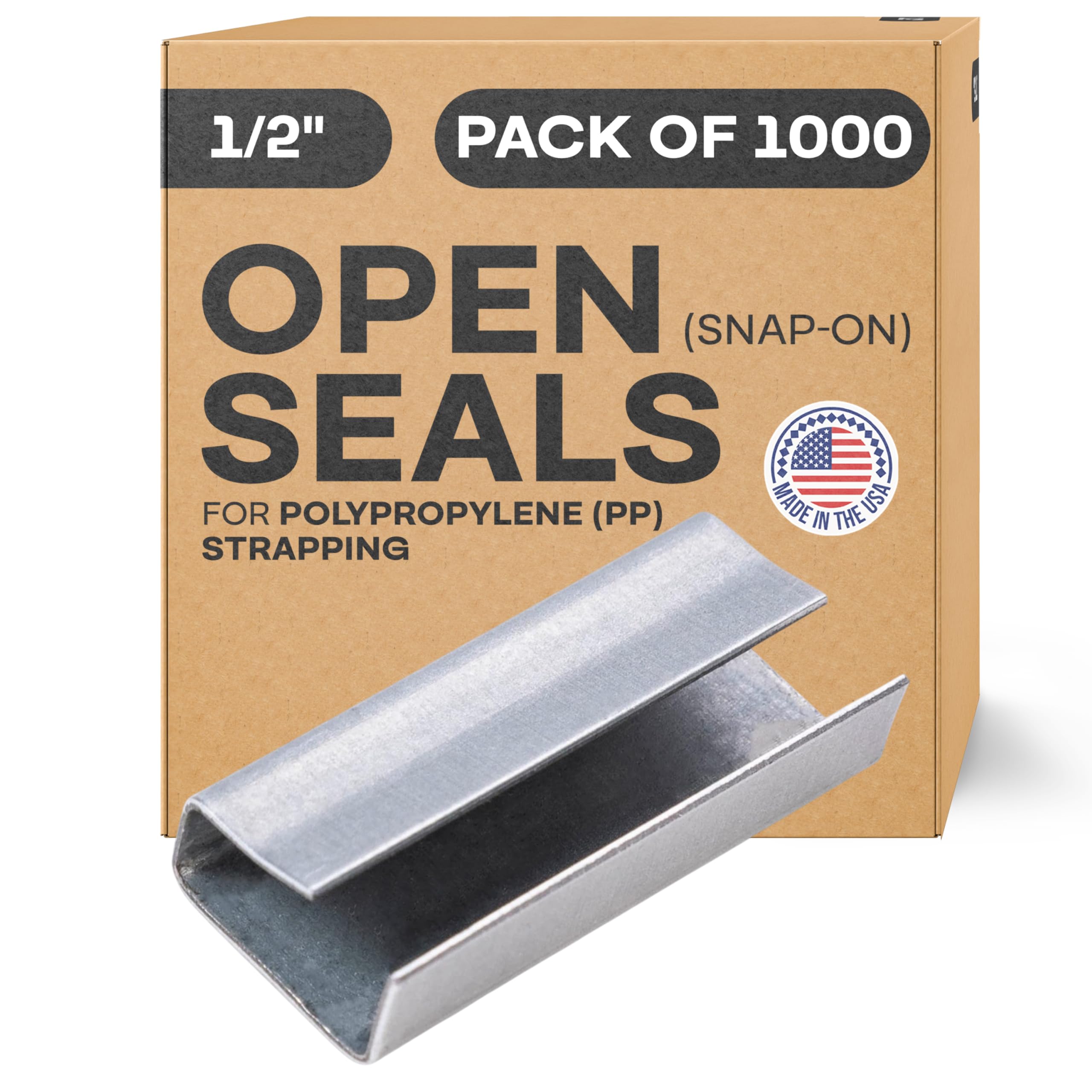 IDL Packaging Open (Snap-On) Seals of 1.25" Length for 1/2" Strap Width Polypropylene (PP) Strapping (Pack of 1000) - Strong Metal Clips with Superior