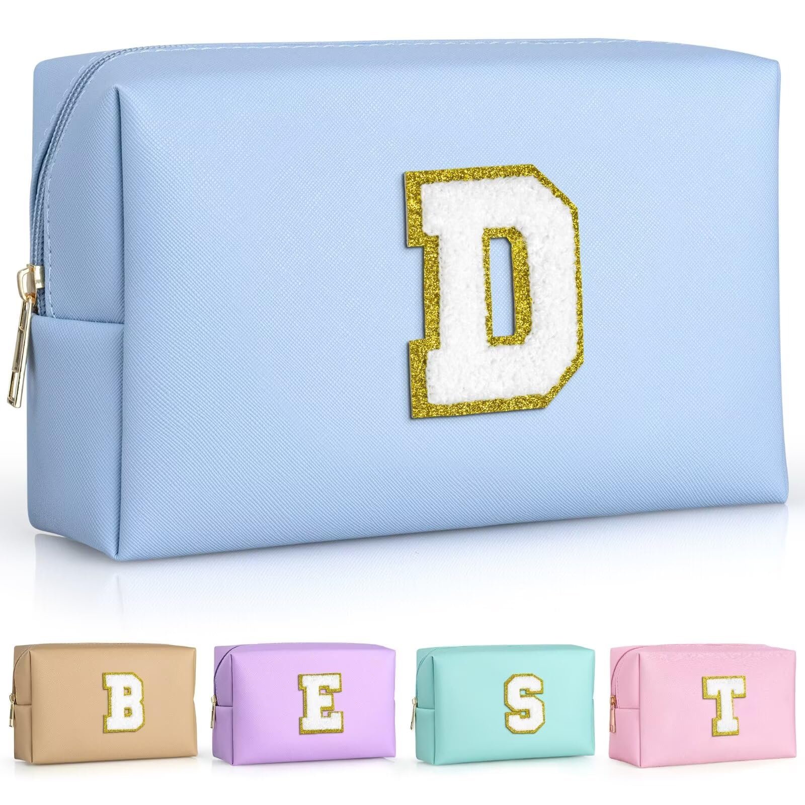 TOPEAST Preppy Small Makeup Bag, Chenille Letter Pouch Cosmetic Bag With Zipper, PU Leather Waterproof Toiletry Bag, Personalized Birthday Gift for