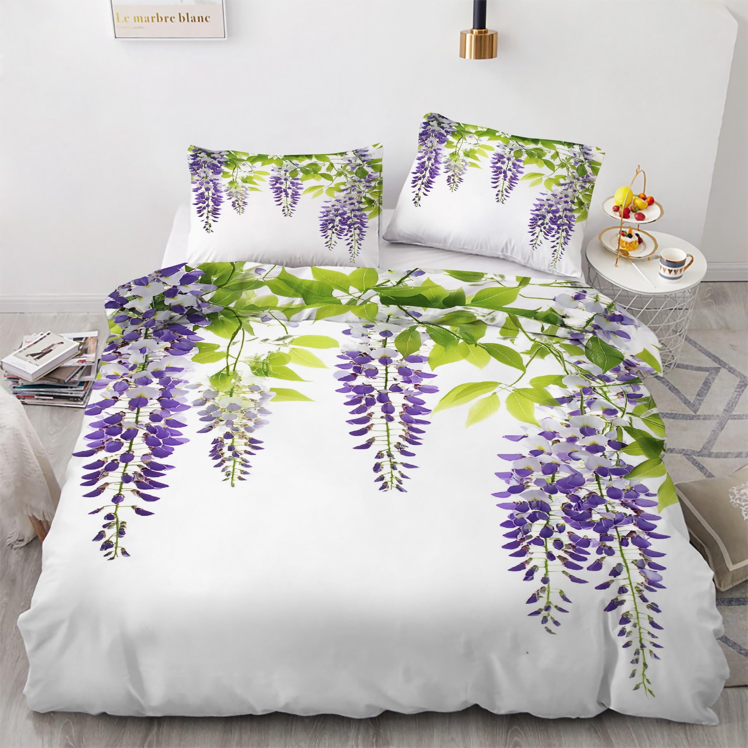 Bsyyzqc Wisteria Double Duvet Cover, Flower Bedding, Microfibre Duvet Cover Set With Zipper Closure, Soft Cosy Quilt Cover 200 X 200 Cm, And 2 Pillow Cases 50 X 75 Cm