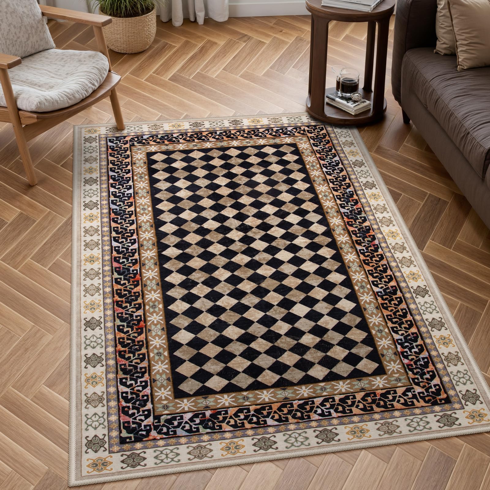 similar to stock photo Wonnitar Washable 3x5 Checkered Kitchen Rug, Black and Brown Trellis Rugs for Bedroom, Stain Resistant Non Slip Funky Carpet Throw Rugs for Bathroom Entryway Laundry Living Room Home Decor(Black,3x5)