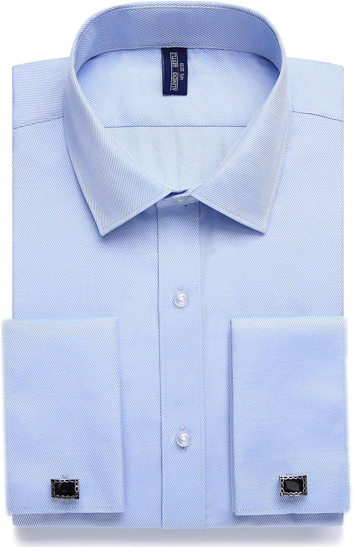 siliteelon Mens Double Cuff Long Sleeve Dress Shirts Cufflinks Included Color: Blue, Size: 15.5" Neck-32/33 Sleeve