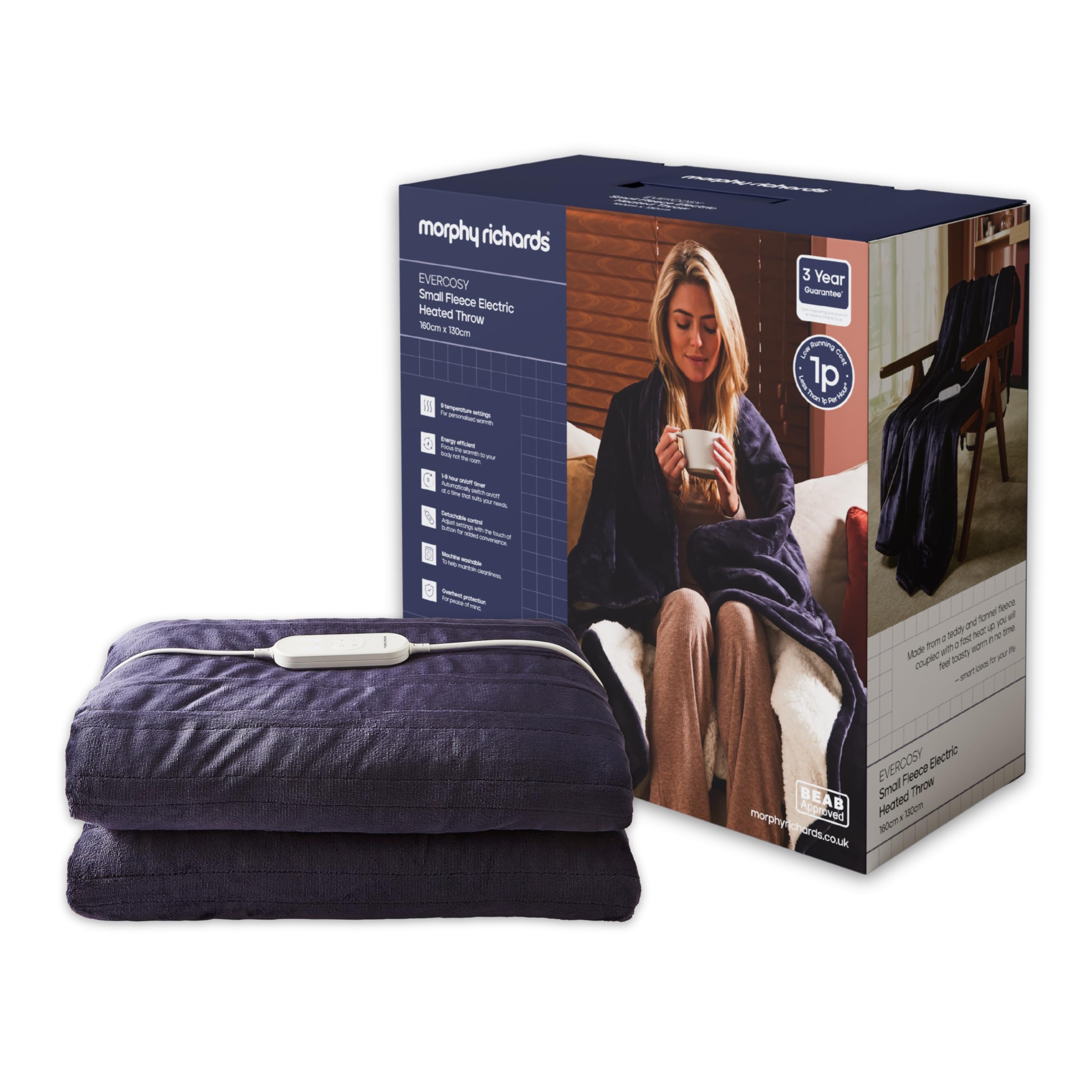 Morphy Richards EverCosy Fleece Electric Heated Throw Small, 160x130cm, 9 Heat Settings, Detachable, Teddy Fleece and Flannel Fleece, Overheat Protection, Navy, 610002