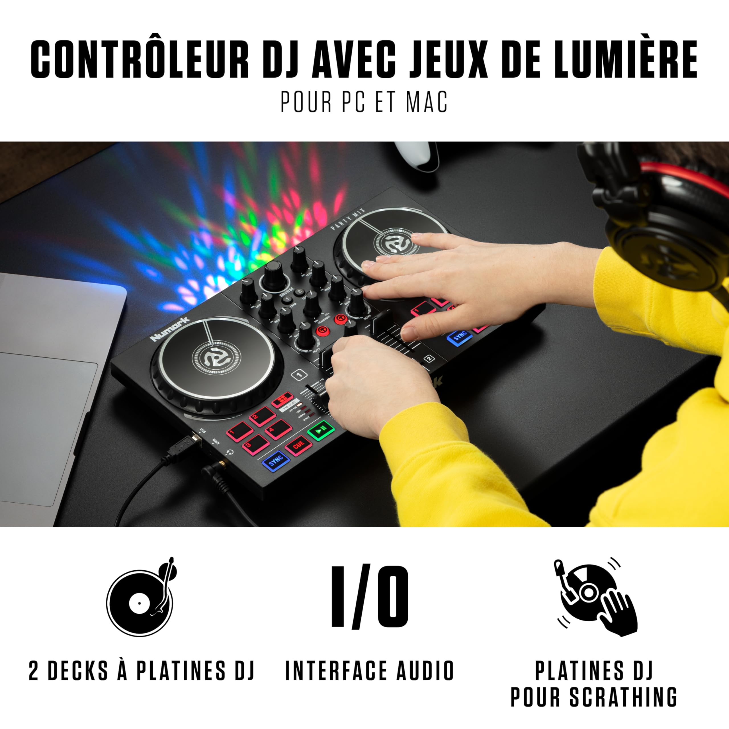 Numark Party Mix II & HF 125 - Contrôleur DJ pour débutants avec lumières LED, carte son et table de mixage DJ pour Serato DJ Lite avec Casque DJ Ultra-Portable