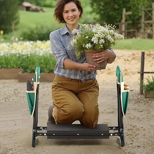 Miniatura 2 de VEVOR Rodillero plegable de jardín y asiento resistente, almohadilla de espuma EVA ampliada de 8 pulgadas, taburete de jardín portátil con bolsas de