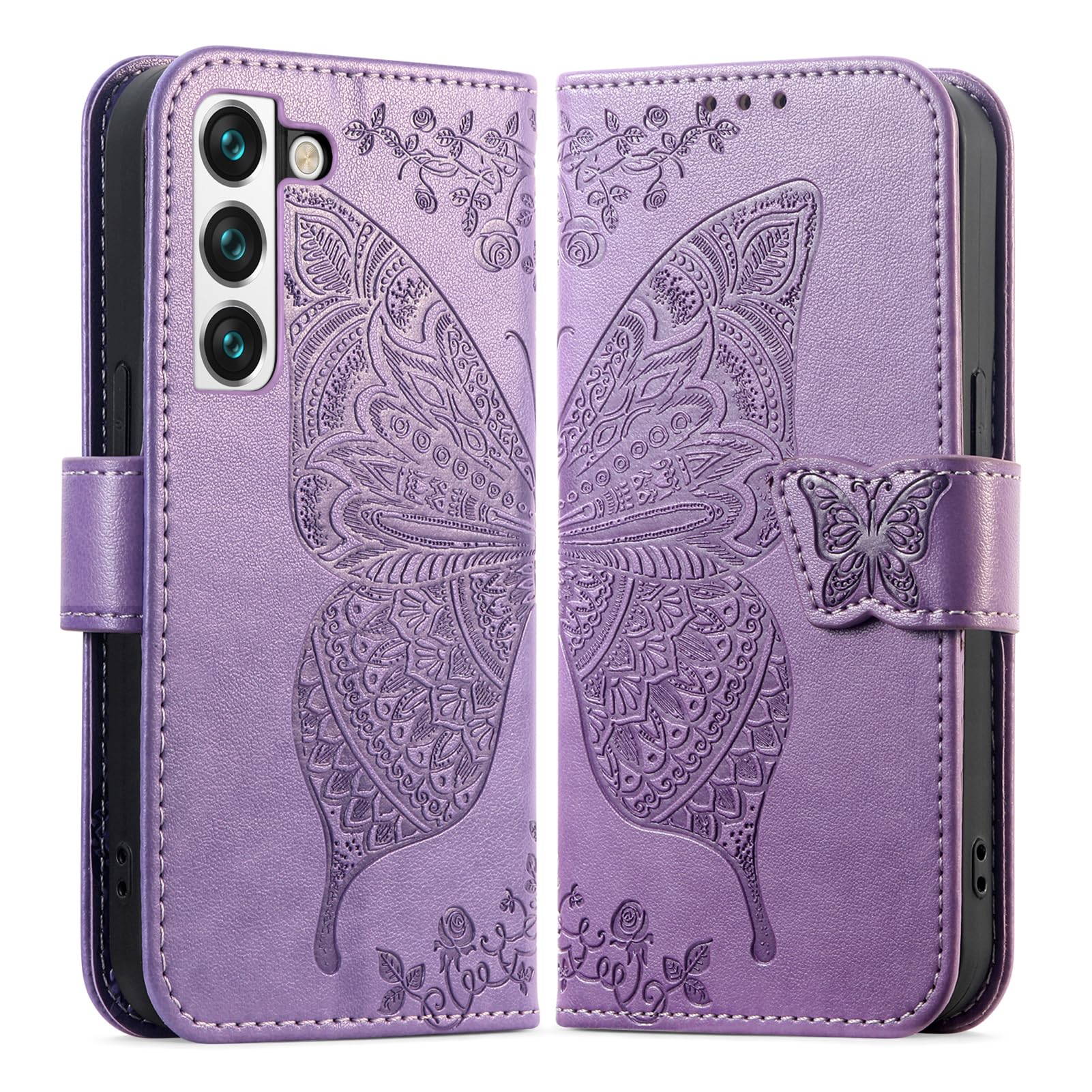 DiGPlus Galaxy S22 5G Wallet Case, [Butterfly & Flower Embossed] PU Leather Wallet Case Flip Protective Phone Cover with Card Slots and Kickstand for Samsung Galaxy S22 6.1-Inch (Lavender)