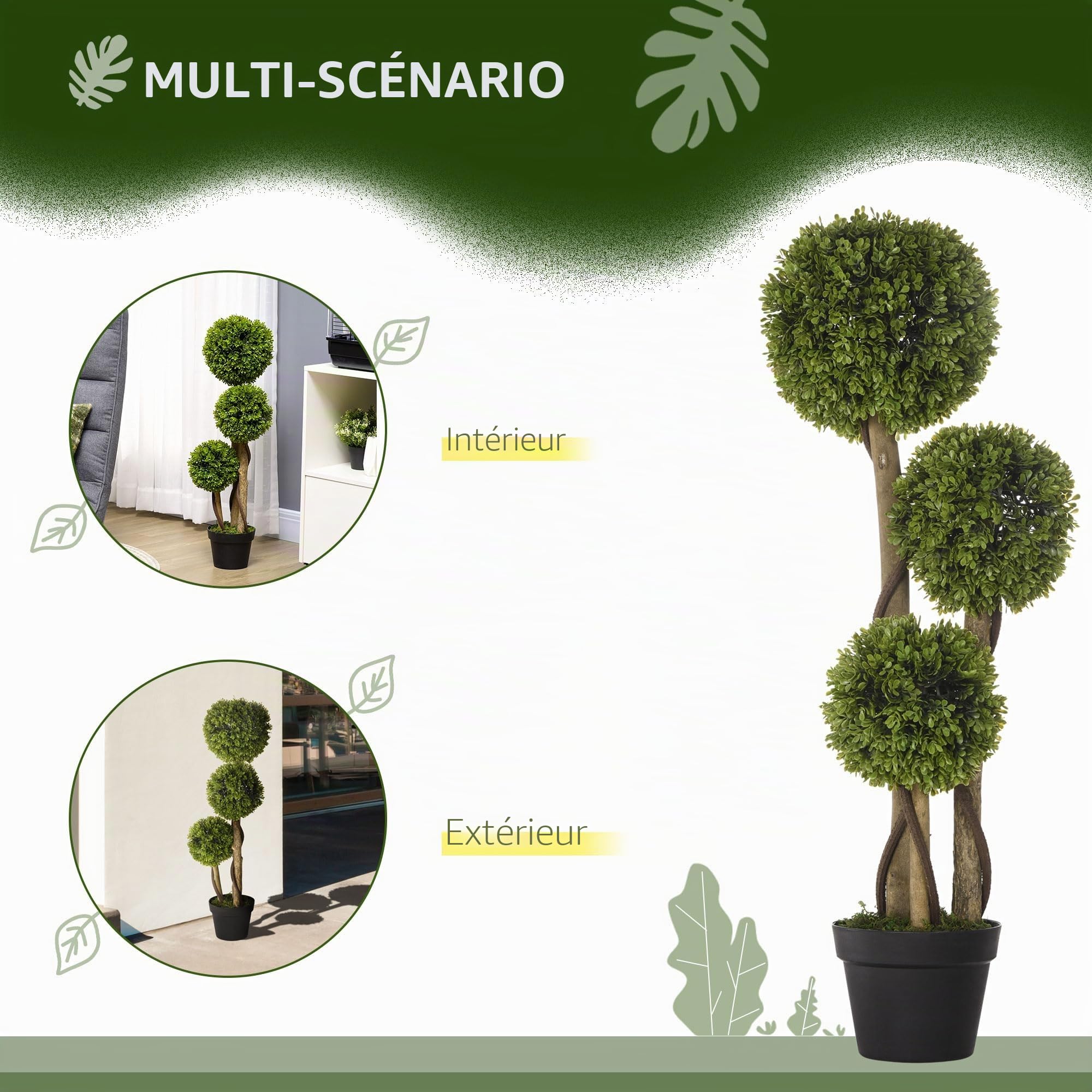 HOMCOM Arbres topiaires artificiels Anti-UV en Pot 90cm Vert Clair | Boule de buis, plantes artificielles, décoration intérieure et extérieure