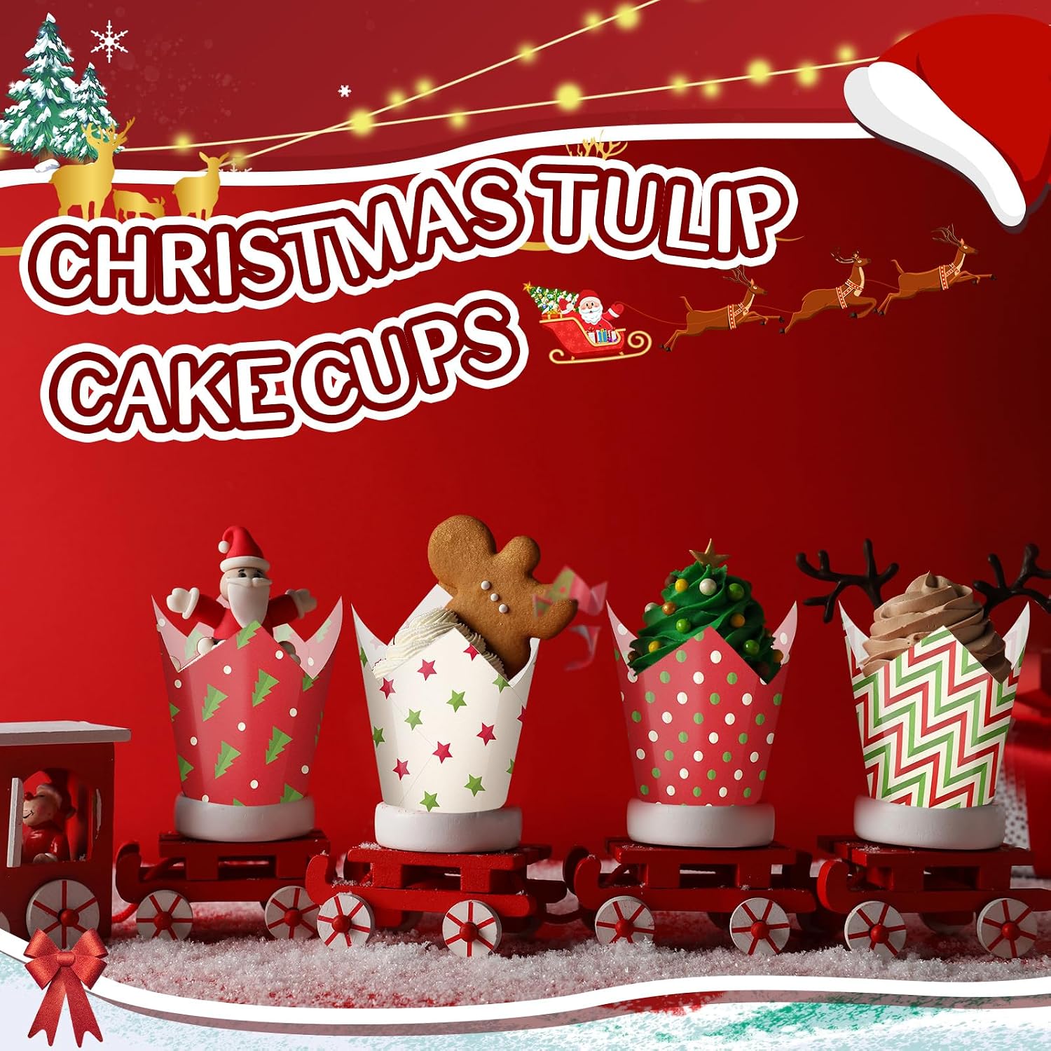 Umigy 600 Pcs Christmas Tulip Cupcake Liners for Baking Cupcake Wrappers Liners Greaseproof Paper Tulip 4 Styles Holiday Muffin Liners for Xmas Birthday Baby Shower Tea Party (Trees)
