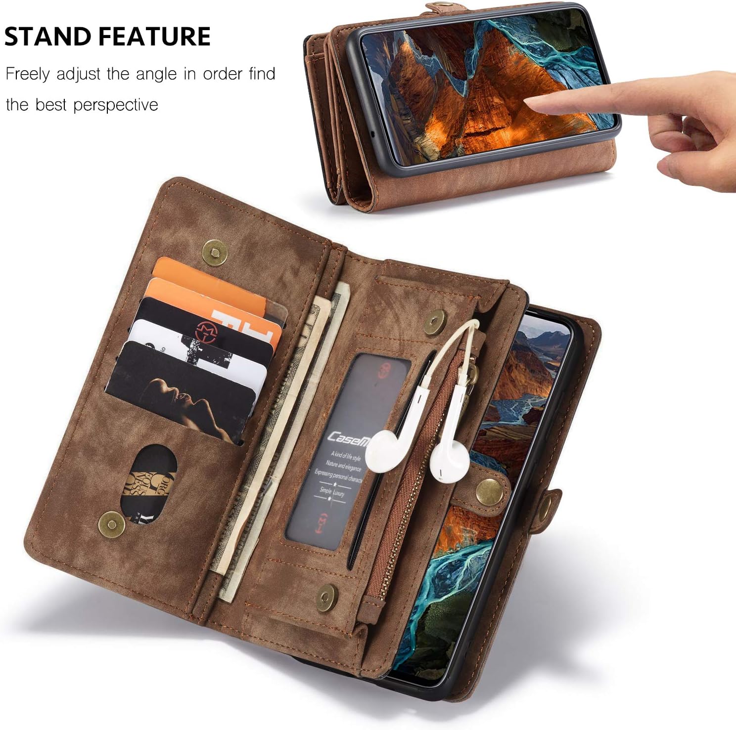 ANROD Detachable Leather Wallet Case for Samsung Galaxy A51,CaseMe Magnetic Closure 2-in-1 Flip TPU Shockproof Zipper Purse Back Cover with Card Slots (Coffee) - Image 3
