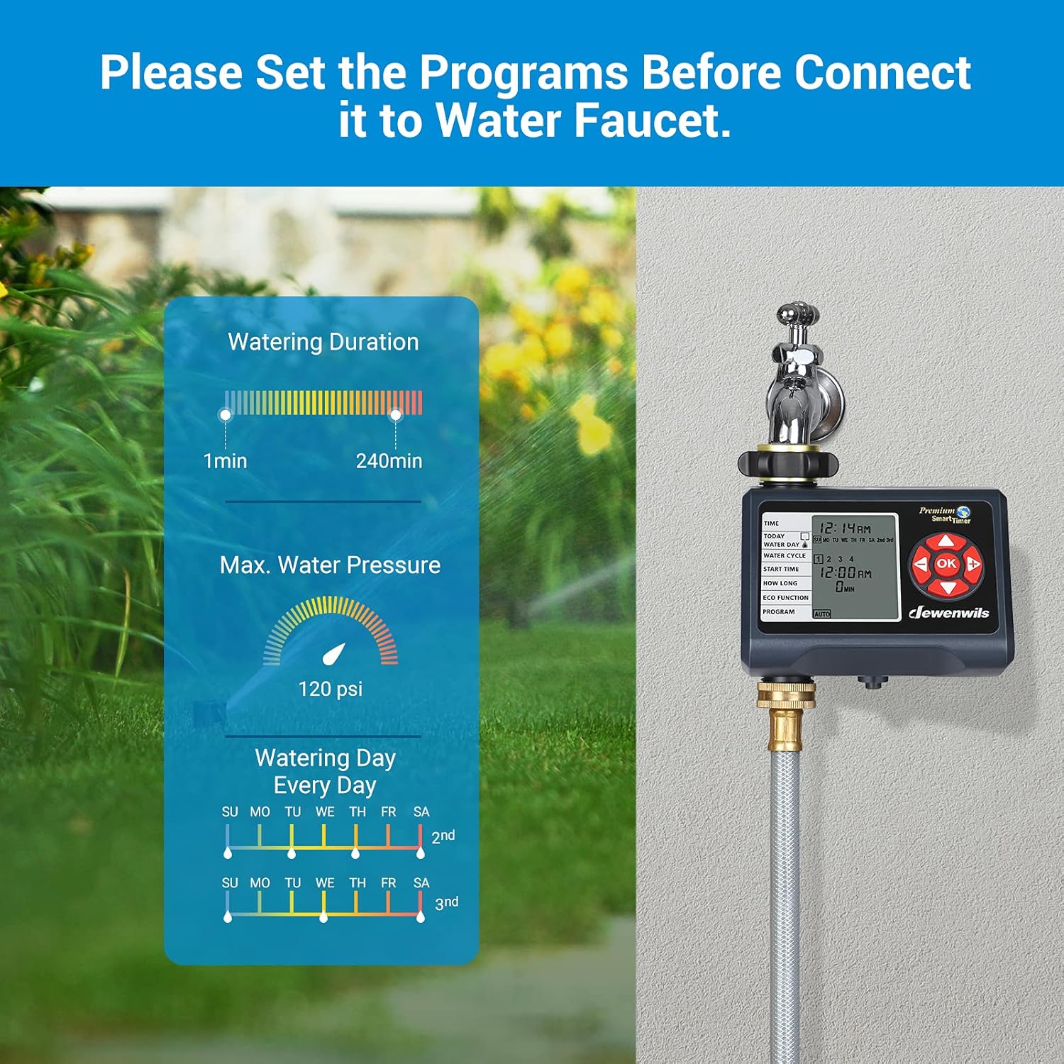 DEWENWILS Water Sprinkler Timer Programmable, Outdoor Garden Hose Timer with 4 Programs and ON/Off Repeat Function, Automatic Faucet Watering Timer for Yard Lawn Irrigation, Auto Manual Rain Delay : Patio, Lawn & Garden