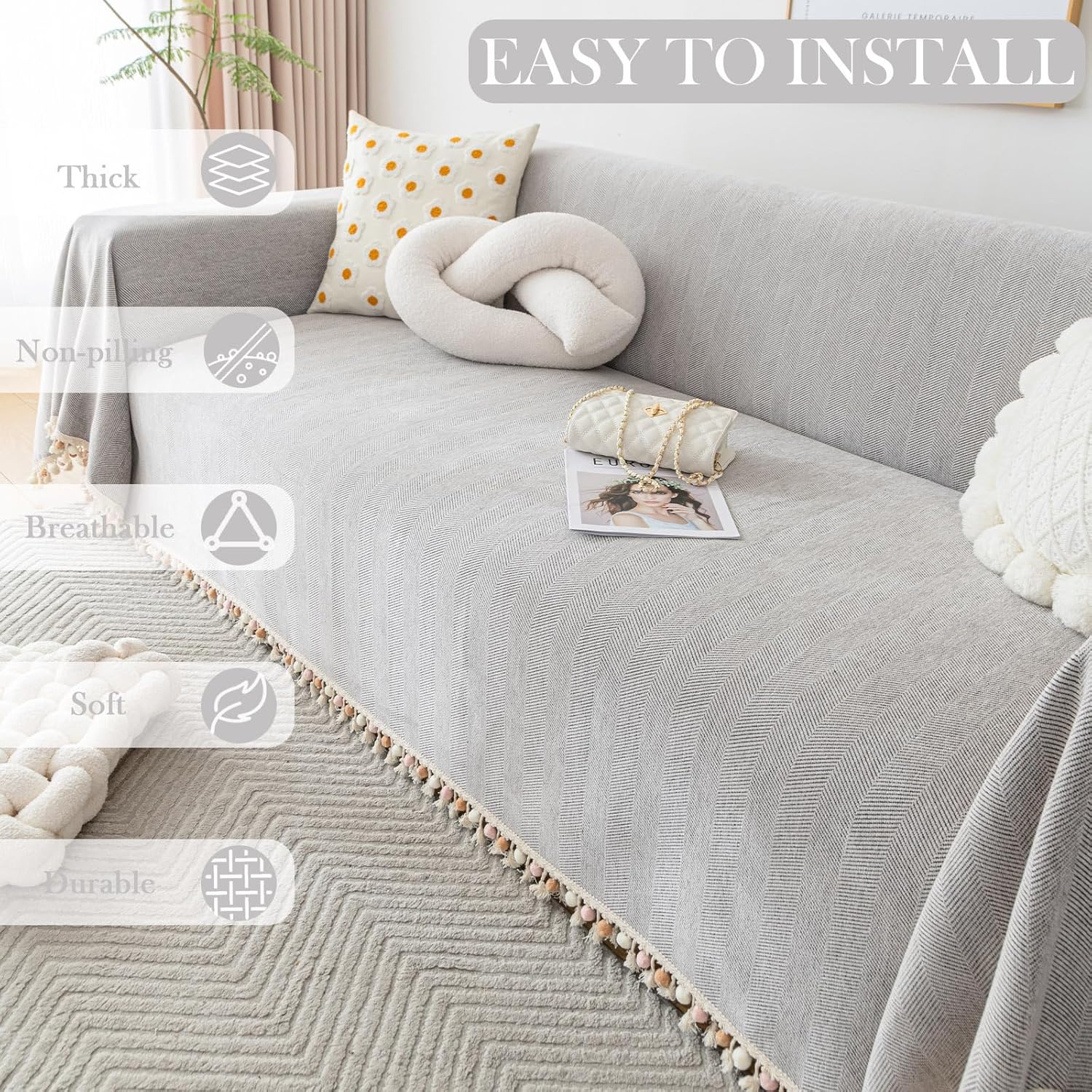 HANDONTIME Grey Sofa Cover for Couch Boho Couch Cover for 3 Seat Dog Couch Cover Love Seat Couch Covers Light Grey Sectional Cover 71" X118" Tassel Chenille Herringbone Sofa Covers Washable - Image 8