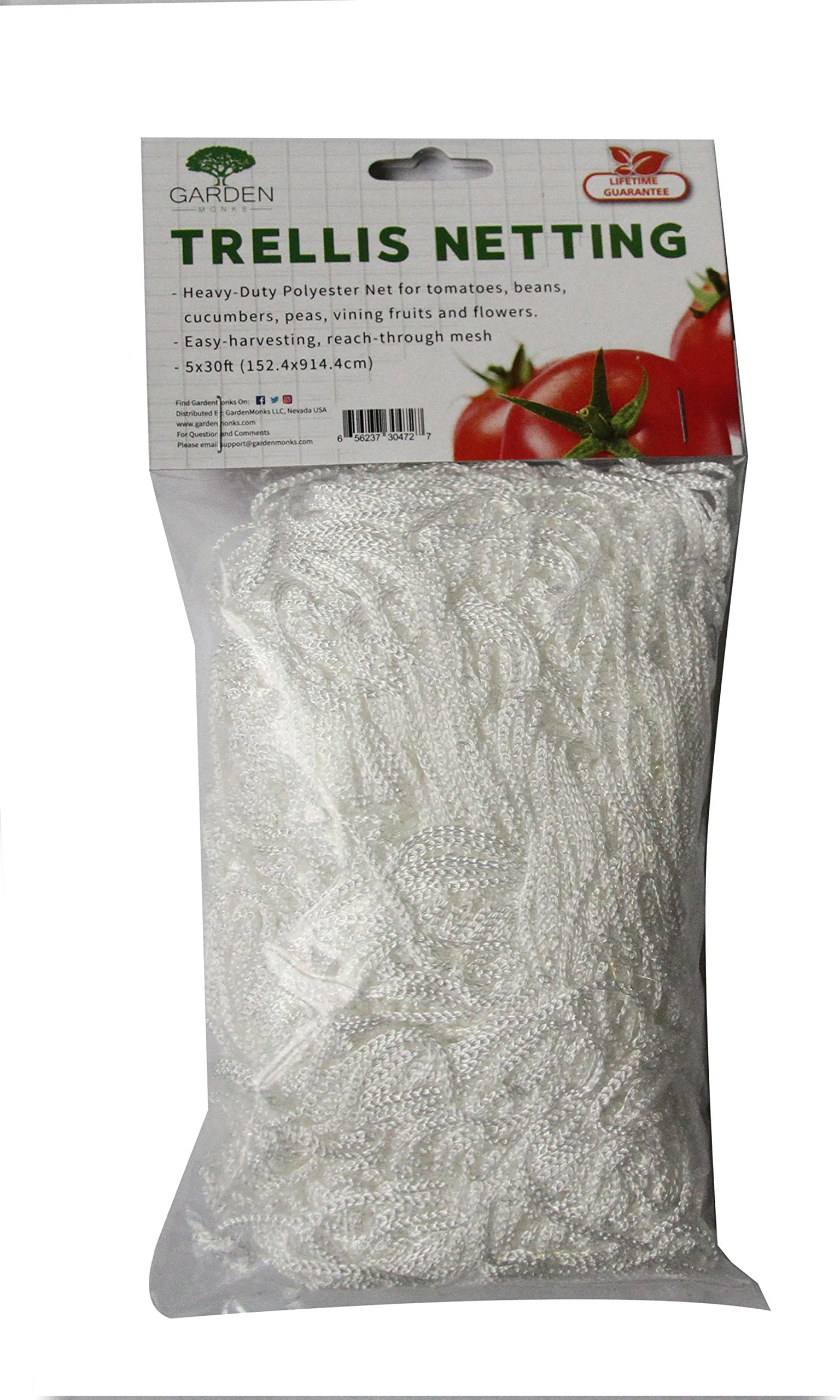 Garden Monks Trellis Netting 5x15ft Heavy Duty Weatherproof Polyester, Easy to Cut to Any Size, for Farmers and Gardeners, Vertical Growth for Vine CropsAnd Flowers, Tomatoes,Cucumbers (5x15FT)