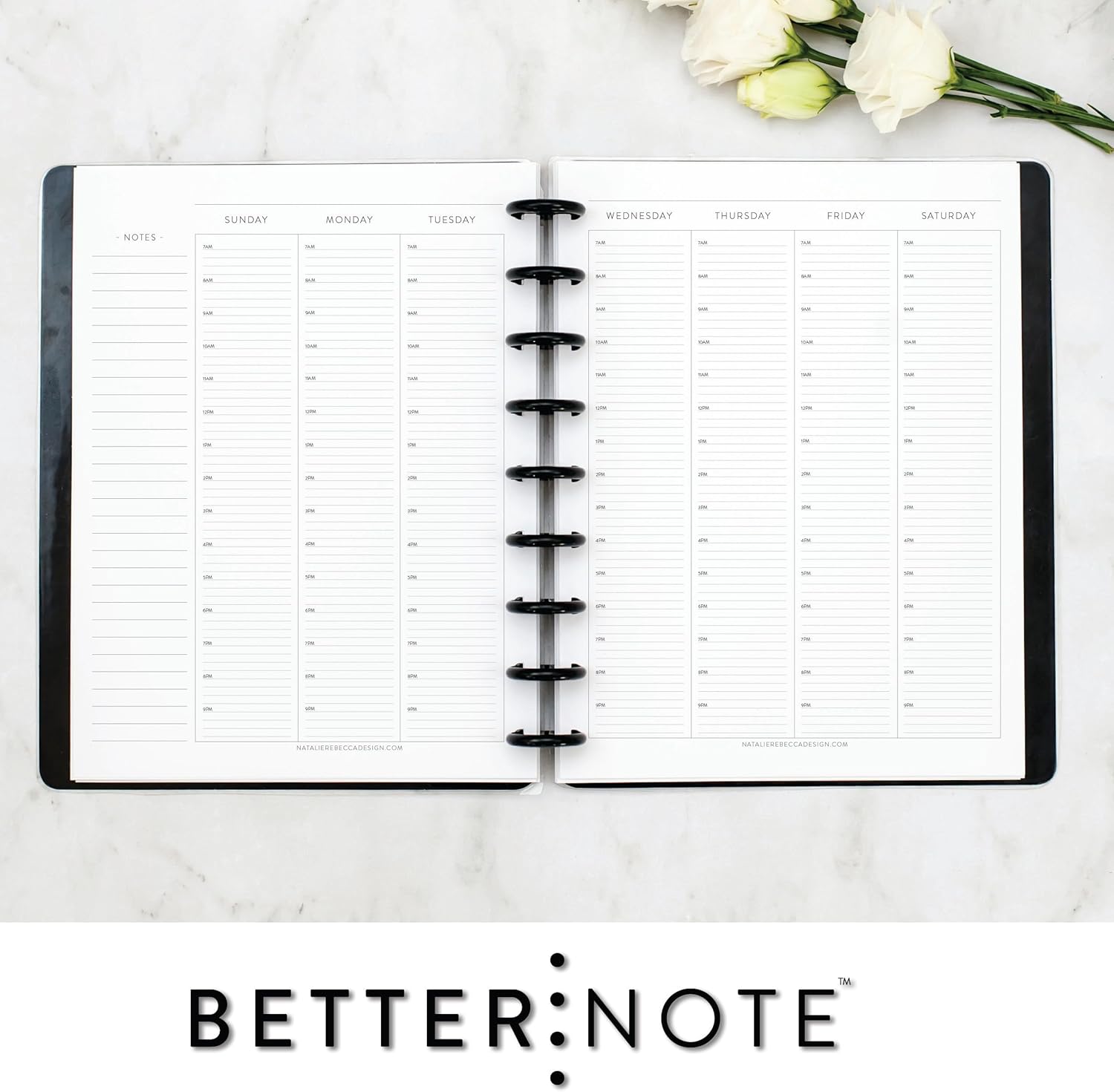 BetterNote Hourly Undated Calendar Refill for Disc Notebook, Weekly Appointment Book, Fits Discbound Levenger Circa, Arc, TUL, Happy Planner, Talia (Classic- 6 months, 9-Disc, 7"x9.25")