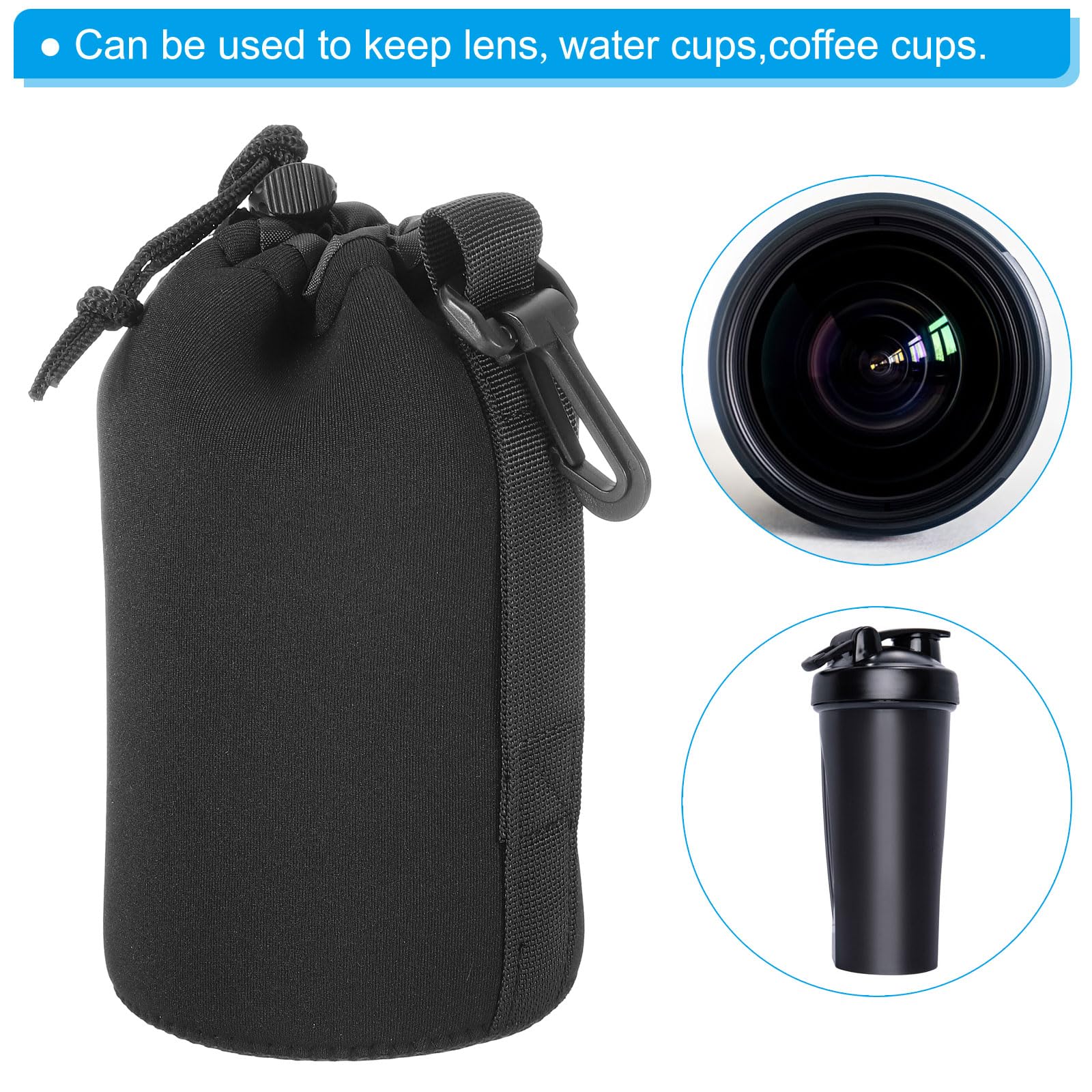 PATIKIL Sac pour Objectif D'Appareil Photo, 4 Pièces, 3,9" de Diamètre X 7,1" de Hauteur, Pochette à Cordon avec Néoprène Épais de Protection, Étui pour Objectif D'Appareil Noir